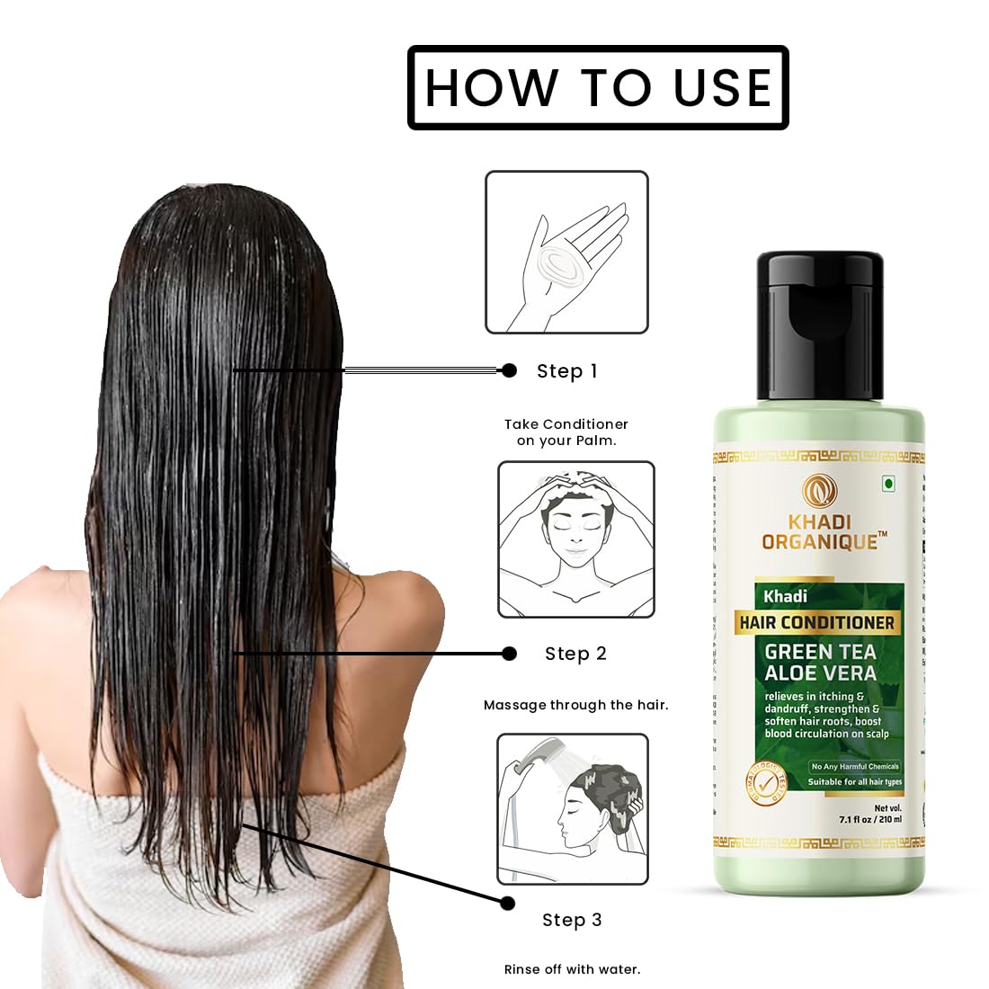 Organic Green Tea & Aloe Vera Hair Conditioner - Softens Hair Roots, Controls Dandruff - Paraben Free, Sulfate Free, SLS Free - 210ml - Perfect for Dry, Damaged Hair & Scalp Care