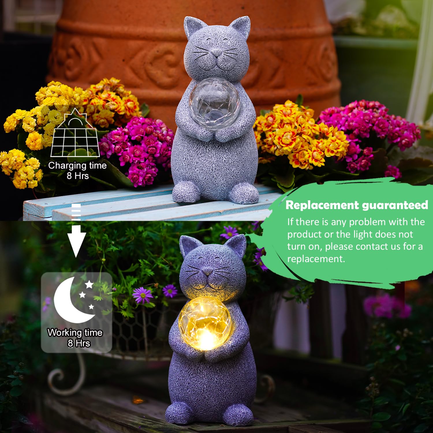 Solar Cat Statue with LED Lights - Outdoor Garden Decor, Gray Cat Figurine for Patio, Yard & Home - Perfect Gift for Mom, Grandma & Cat Lovers (Night Light & Landscape Decoration)