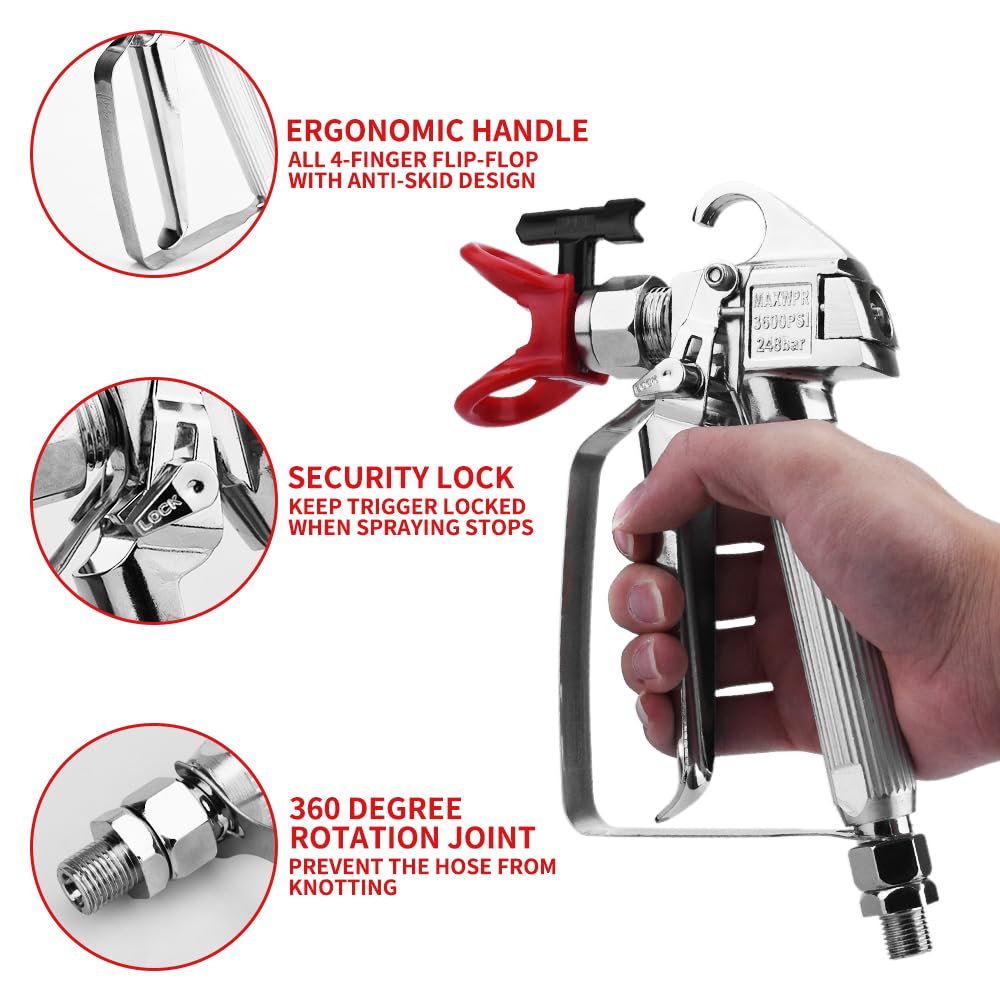 3600 PSI High-Pressure Airless Paint Sprayer Gun with Nozzle Guard, 5 Spray Tips & Filters, 16-Inch Extension Pole (211, 313, 415, 517, 623) – Perfect for Home Renovation, Furniture Painting, and Exterior Wall Projects