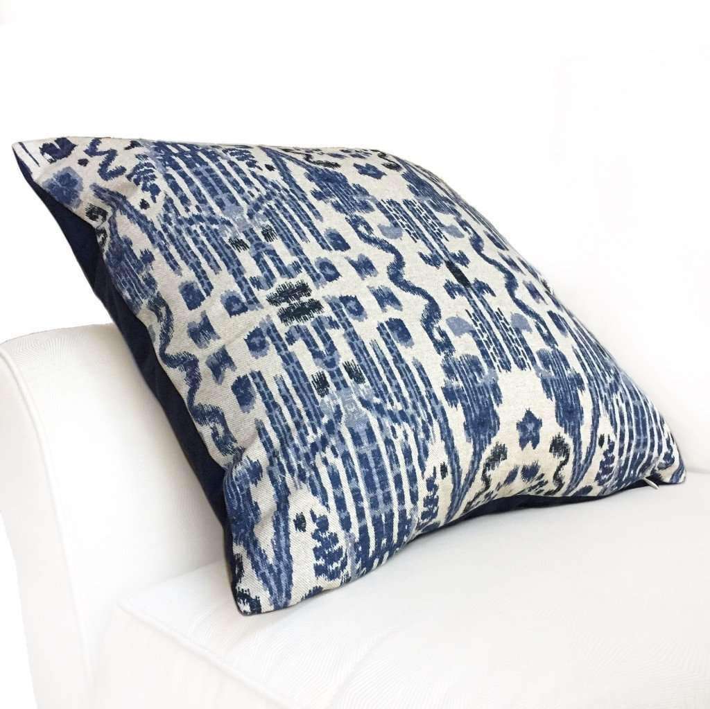 Indian Blue Beige Ikat Ethnic Cotton Print Pillow Cover - Handmade Mumbai Design - Lacefield Fabric - Fabric by the Yard Available - Perfect for Boho Home Decor, Living Room Throw Pillows & Bedroom Accents