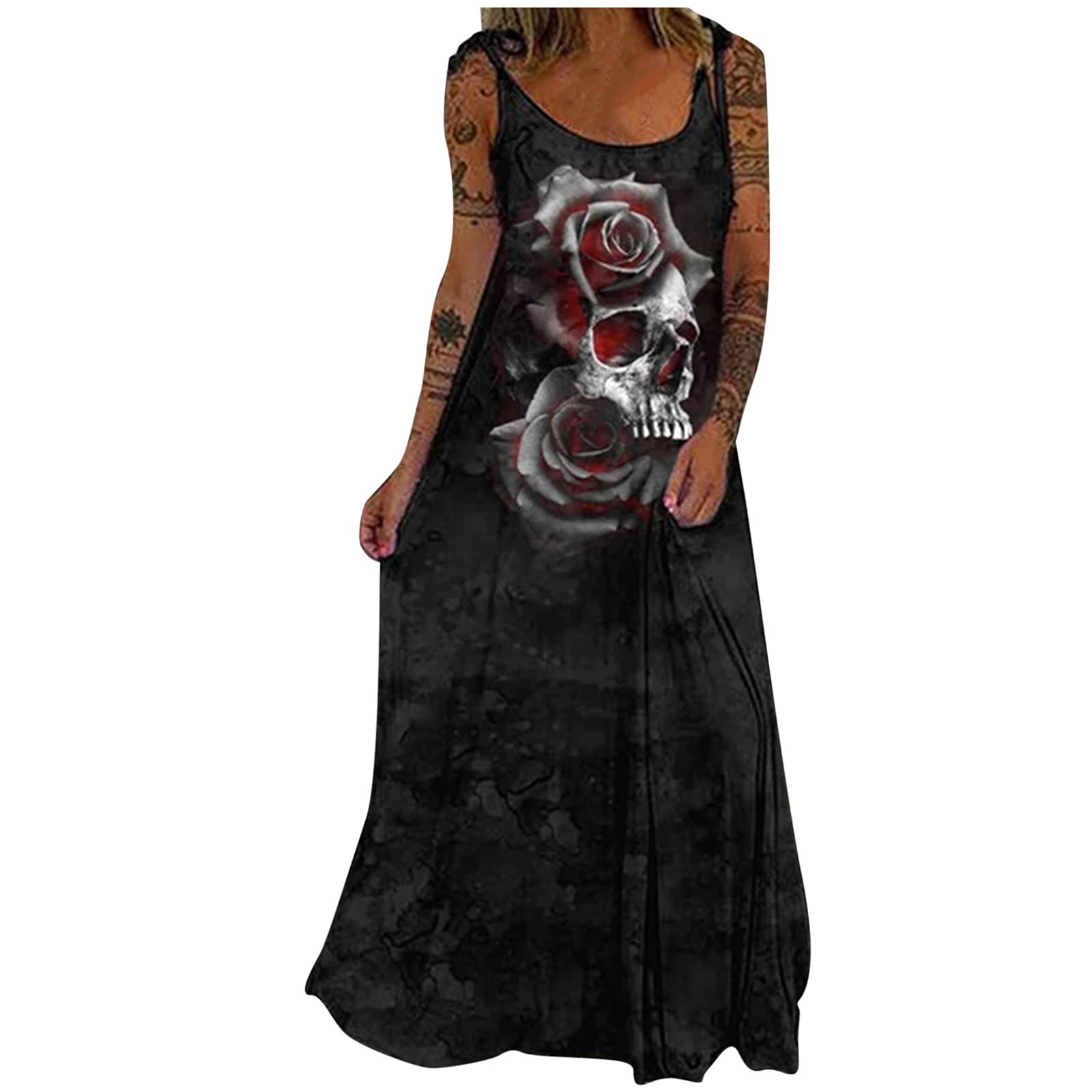 Peigen Women's Summer Skull Print V-Neck Sundress - Short Sleeve Casual Split Dress for Beach, Vacation & Outdoor Activities