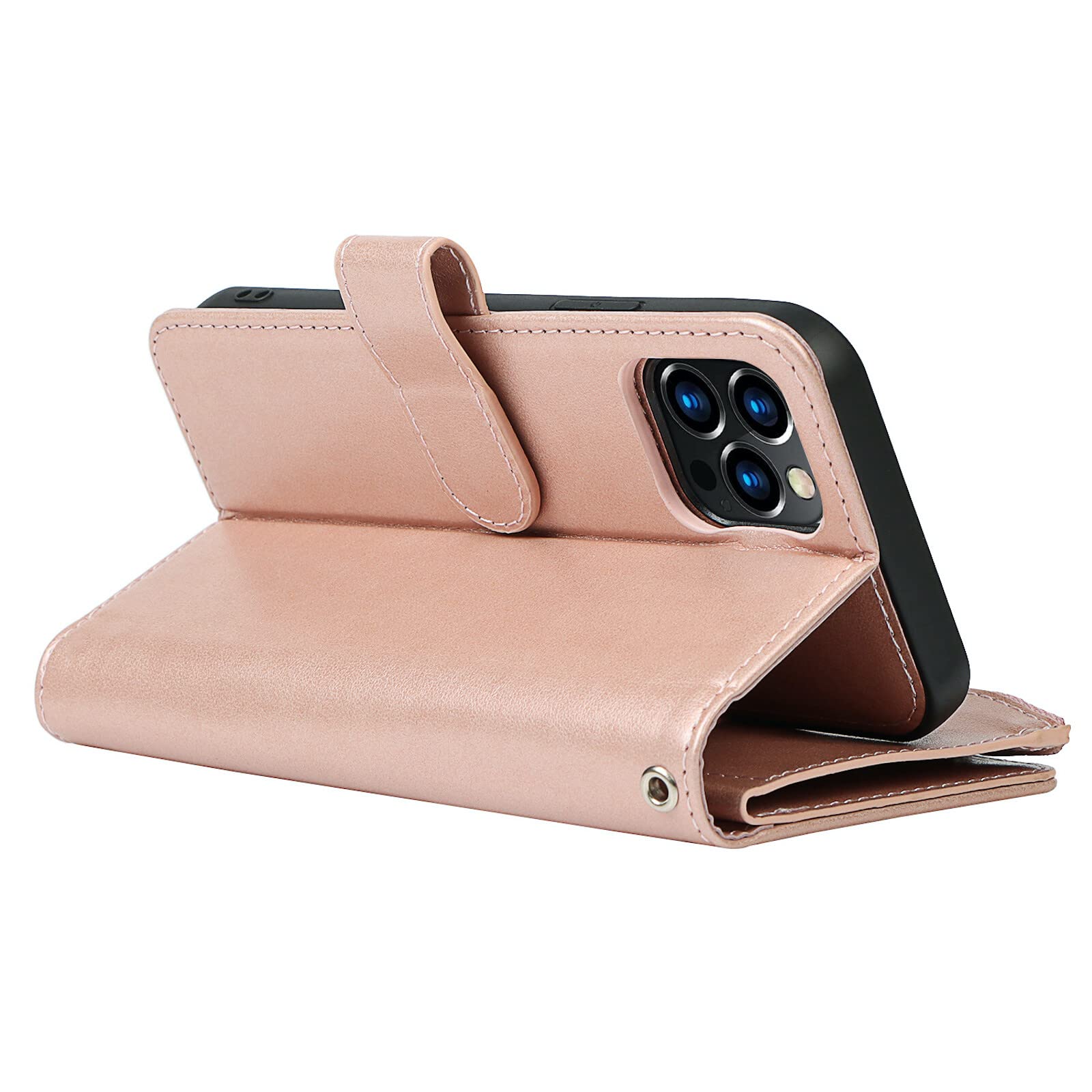 ELTEKER Premium Leather 2-in-1 Detachable Wallet Case for iPhone 12 Pro Max - Zipper Flip Cover with 6 Card Slots, Cash Pocket & Kickstand (Rose Gold) | Perfect for Travel, Business & Everyday Use
