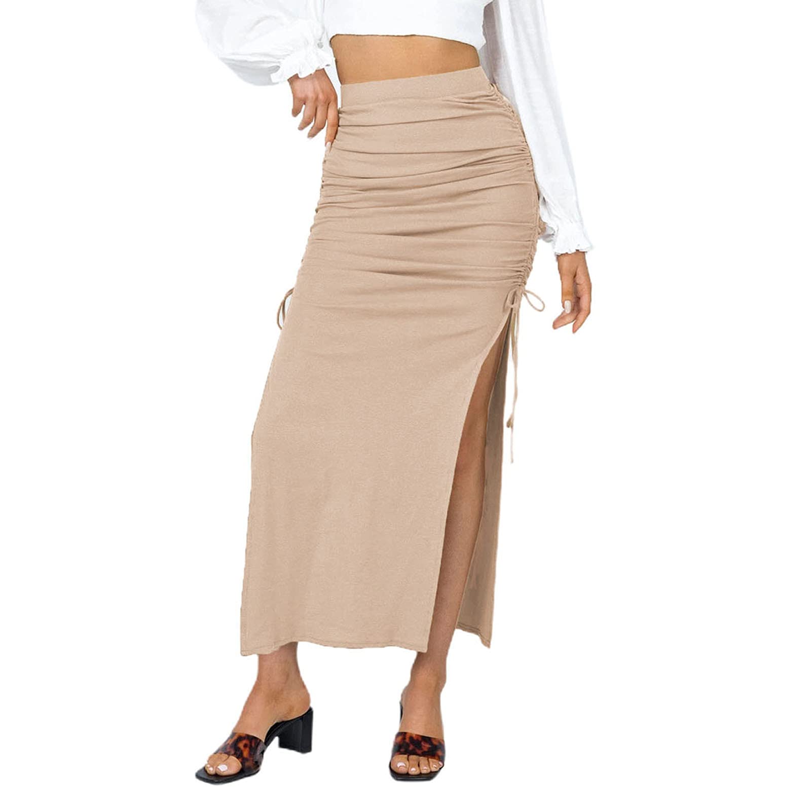 Listenwind Women's High Waist Pull-On Slit Maxi Skirt - Stretchy Knit Bodycon Mini Skirt with Side Drawstring & Ruched Detail | Perfect for Casual Outfits, Date Nights & Summer Vacations