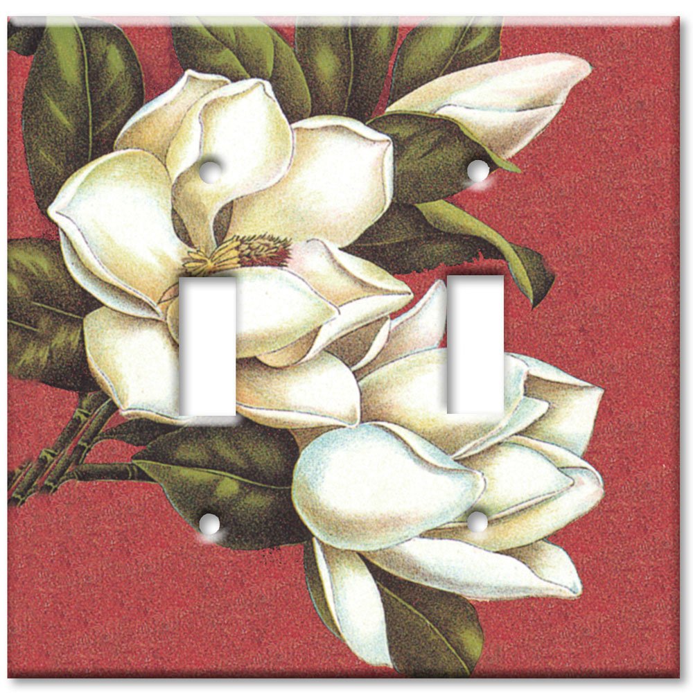 Decorative Metal Wall Plate - Double Gang Toggle Switch Cover with Magnolia Floral Design | Made in USA | Perfect for Living Room, Bedroom & Office Decor