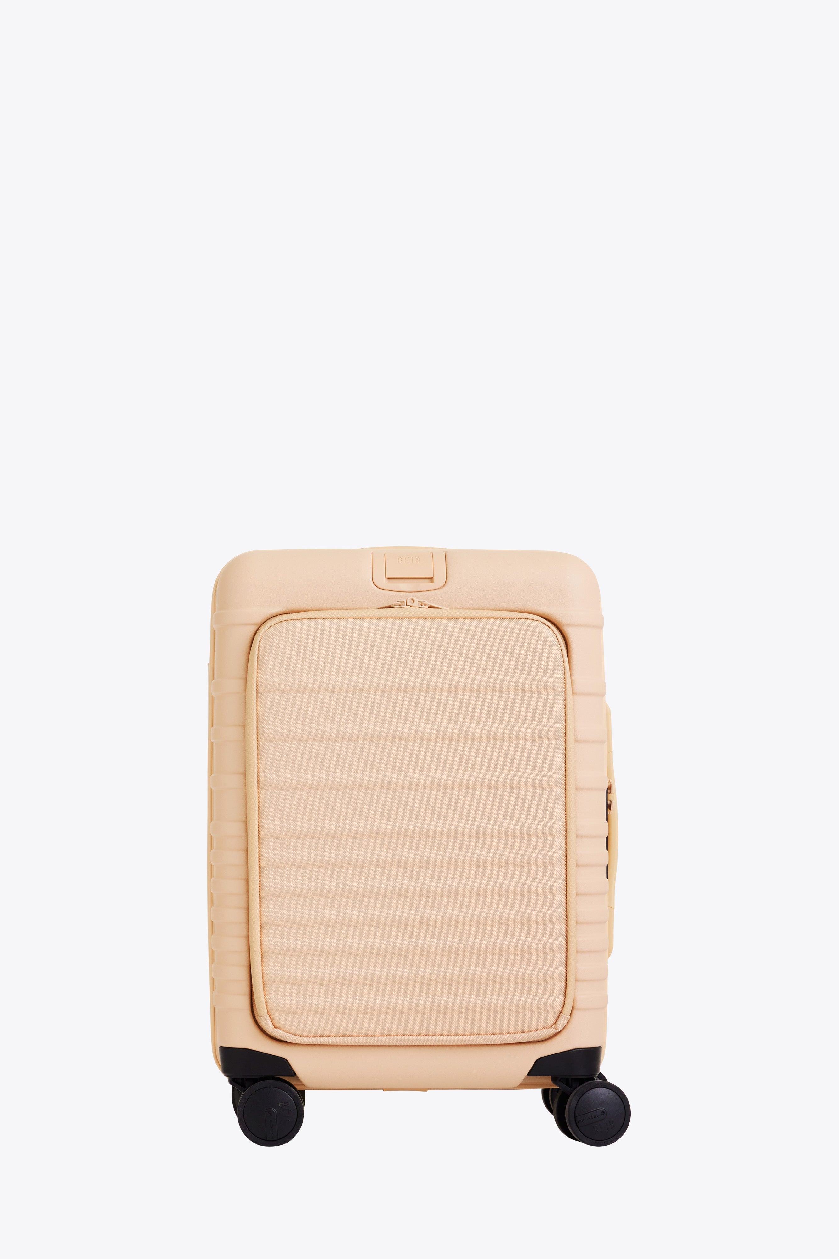 Beige Front Pocket Carry On Roller Luggage - Lightweight Expandable Suitcase for Air Travel with USB Charging Port | Perfect for Business Trips & Weekend Getaways