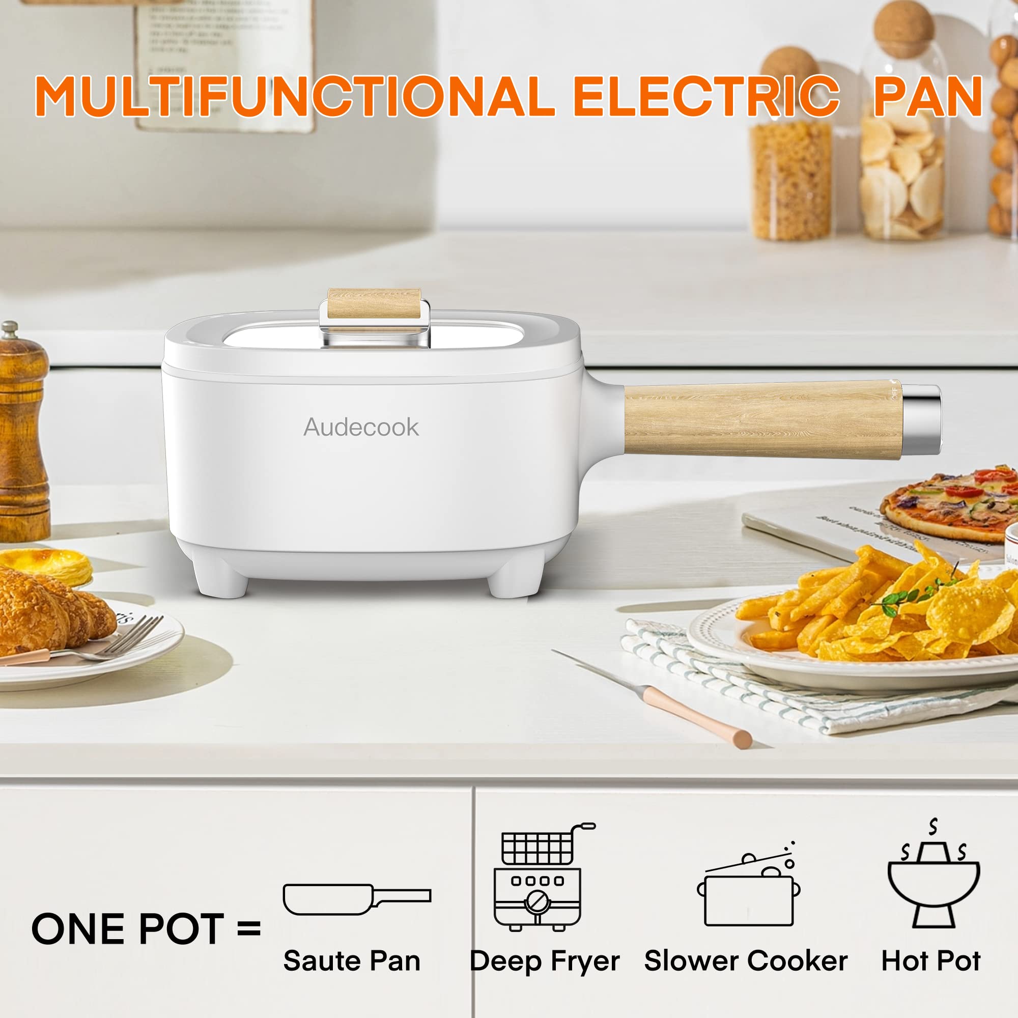 Audecook 2L Electric Hot Pot with Ceramic Non-Stick Coating | 8-Inch Portable Travel Cooker for Ramen, Steak, Fried Rice & Soup | Dual Power Control | Includes Silicone Spatula | Perfect for Dorm, Office, Camping & Small Kitchen Cooking
