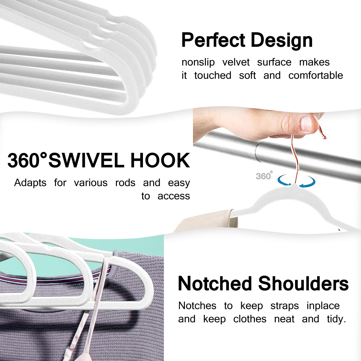 50 Pack Velvet Clothes Hangers - Heavy Duty Durable Suit Hangers with Non-Slip Design, Space Saving for Closet Organization (White/Rose Gold) - Perfect for Dresses, Coats, Blouses and Wardrobe Storage