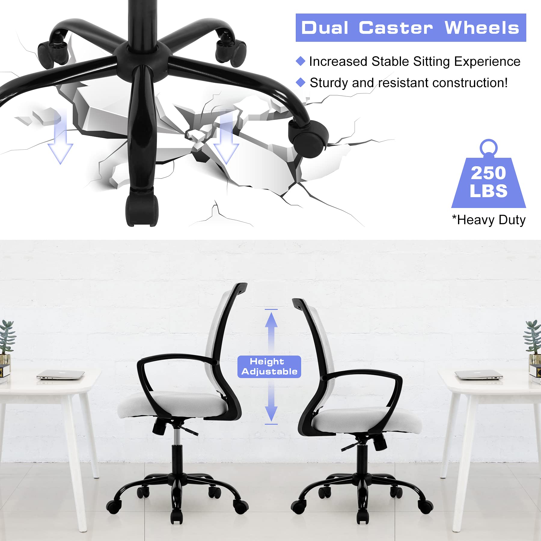 Ergonomic Office Chair with Lumbar Support - Adjustable Height Mesh Computer Desk Chair, Swivel Rolling Task Chair for Home Office & Gaming - Comfortable Mid Back Support & Armrests (White) - Perfect for Long Work Hours, Online Meetings, and Gaming Sessions