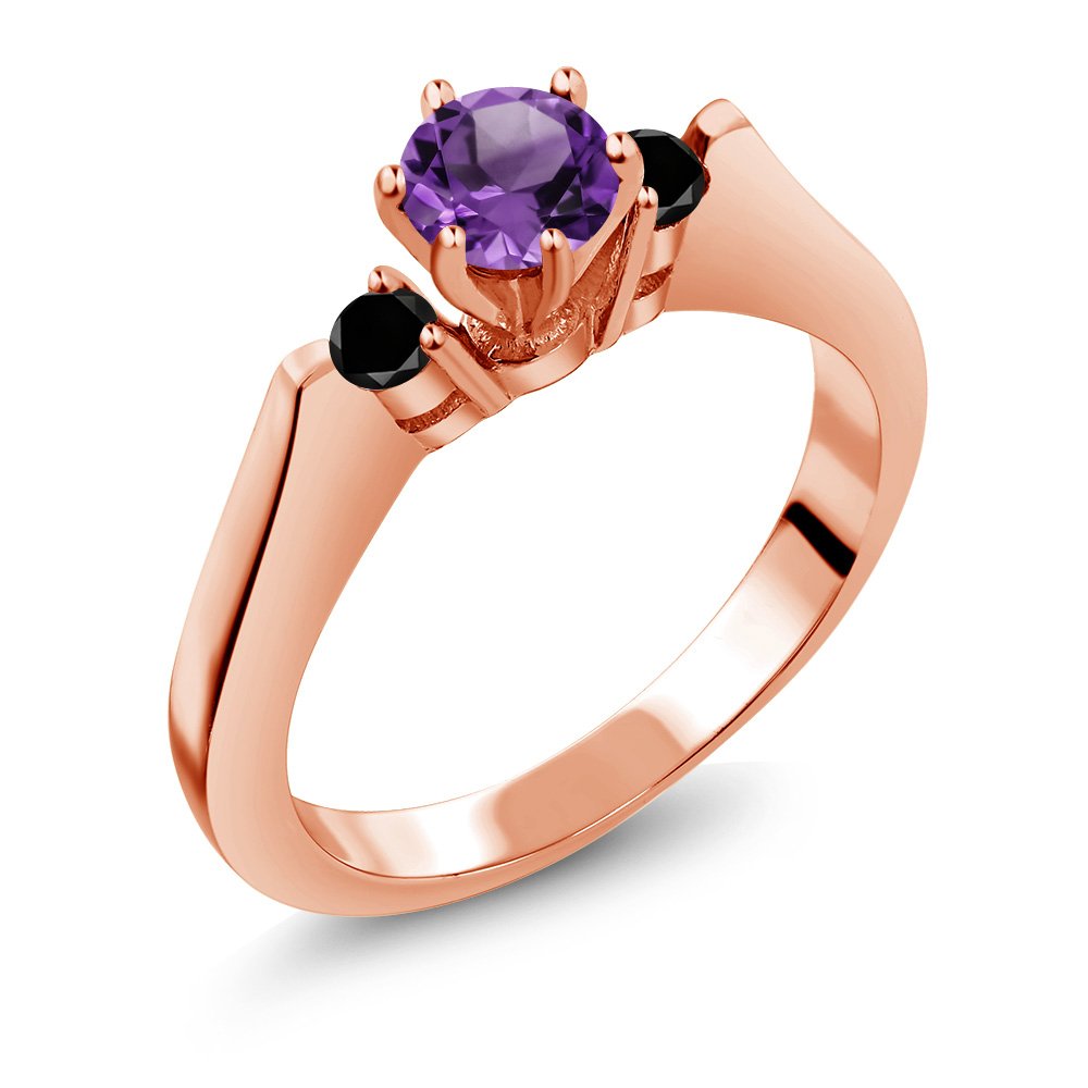 0.58 Ct Natural Purple Amethyst & Black Diamond 925 Sterling Silver Rose Gold Plated 3-Stone Ring for Women | Elegant Jewelry Gift for Anniversary, Birthday & Special Occasions