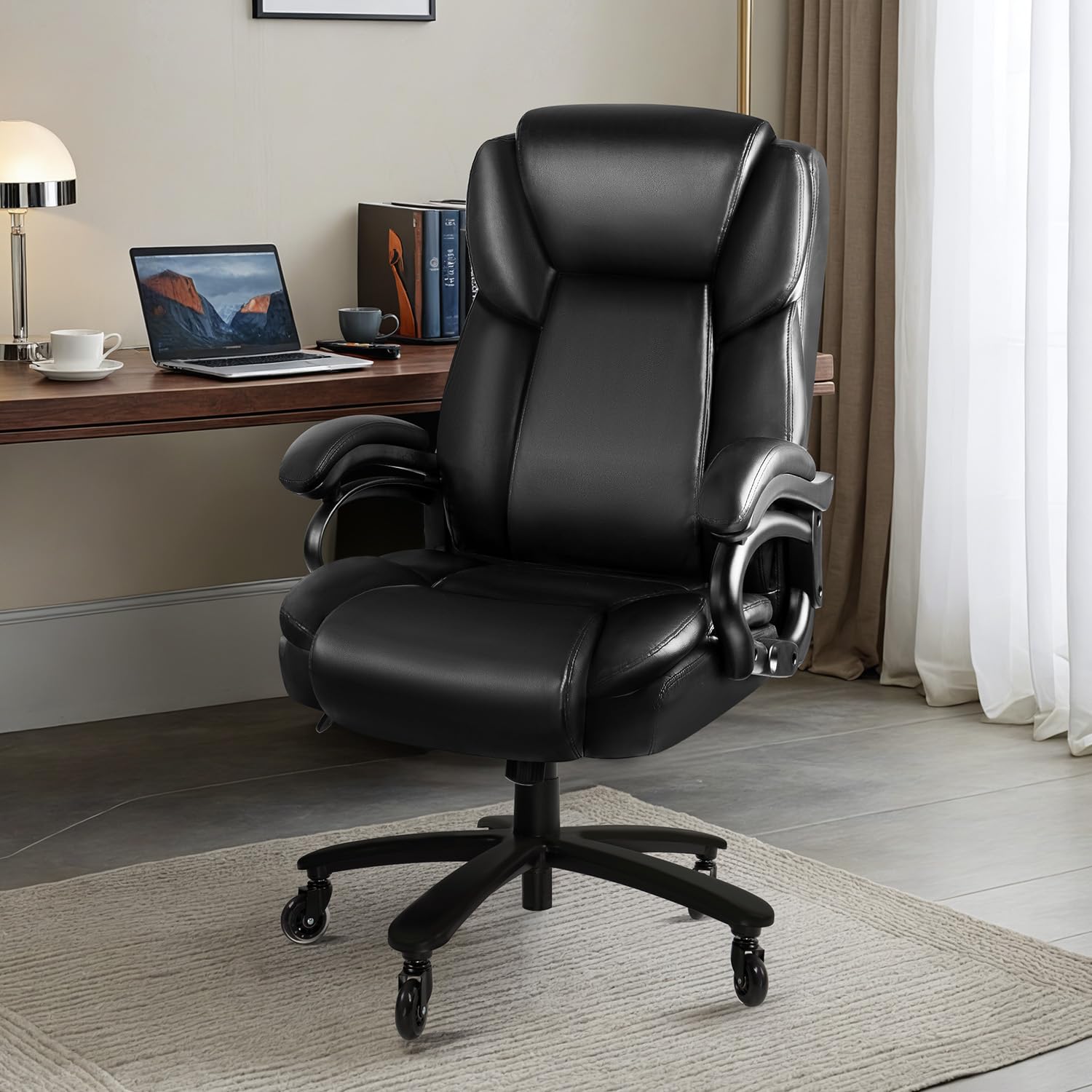 Big and Tall Office Chair 500lbs - Heavy Duty Executive Leather Chair for Large People, Ergonomic High Back Office Chair with Lumbar Support, Quiet Rubber Wheels & Extra Padded Seat - Perfect for Home Office, Gaming or Conference Rooms (Black)