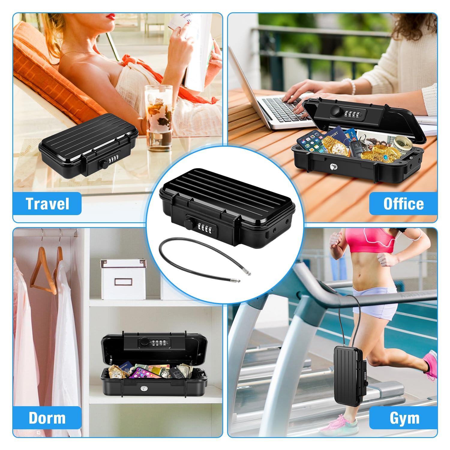 Waterproof Anti-Theft Portable Safe Box with Combination Lock & Removable Wire Rope - Secure Travel Lockbox for Beach, Hotel, Dorm, Home, Office & Car - Perfect for Vacation, Camping & Outdoor Adventures