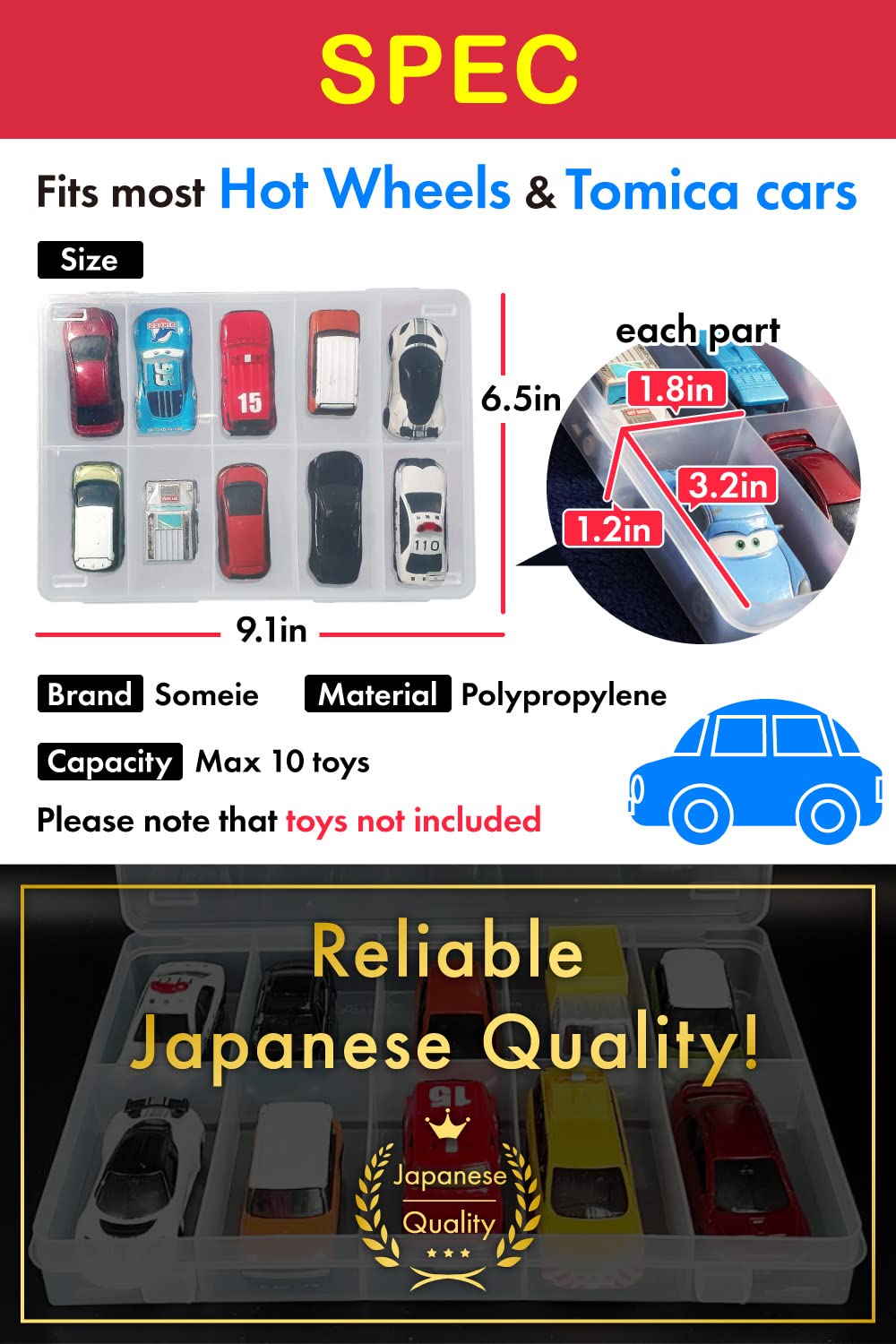 Hot Wheels & Tomica Car Organizers - Transparent Storage Box for 10 Cars - Durable Japan-Made Display Case (Box Only) - Perfect for Collectors & Kids Room Organization