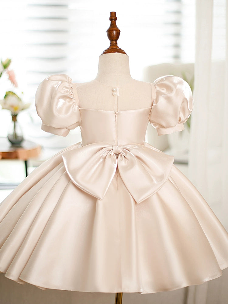 Champagne Princess Round Neck Tea-Length Satin Flower Girl Dress for Weddings, Parties & Special Occasions