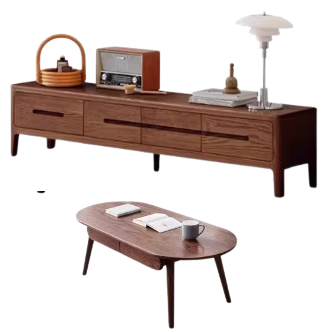 86.6x13.8x15.4 inch/ 220.4x35.2x39.5сm/ Walnut color/ TV cabinet with four drawers  + capsule table with drawer set