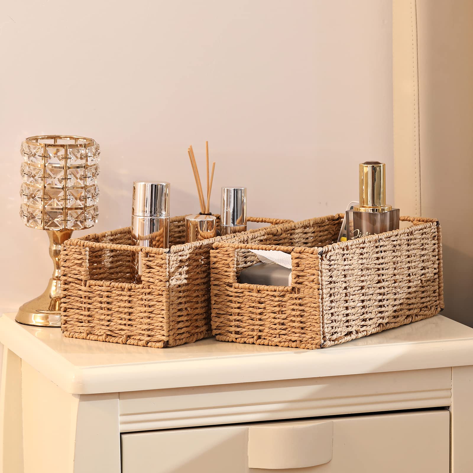 Vagusicc Set of 2 Hand-Woven Wicker Storage Baskets - Natural Foldable Paper Rope Organizer Bins for Shelves, Bathroom, Living Room & Bedroom | Perfect for Toilet Paper Storage, Home Organization & Decorative Storage Solutions