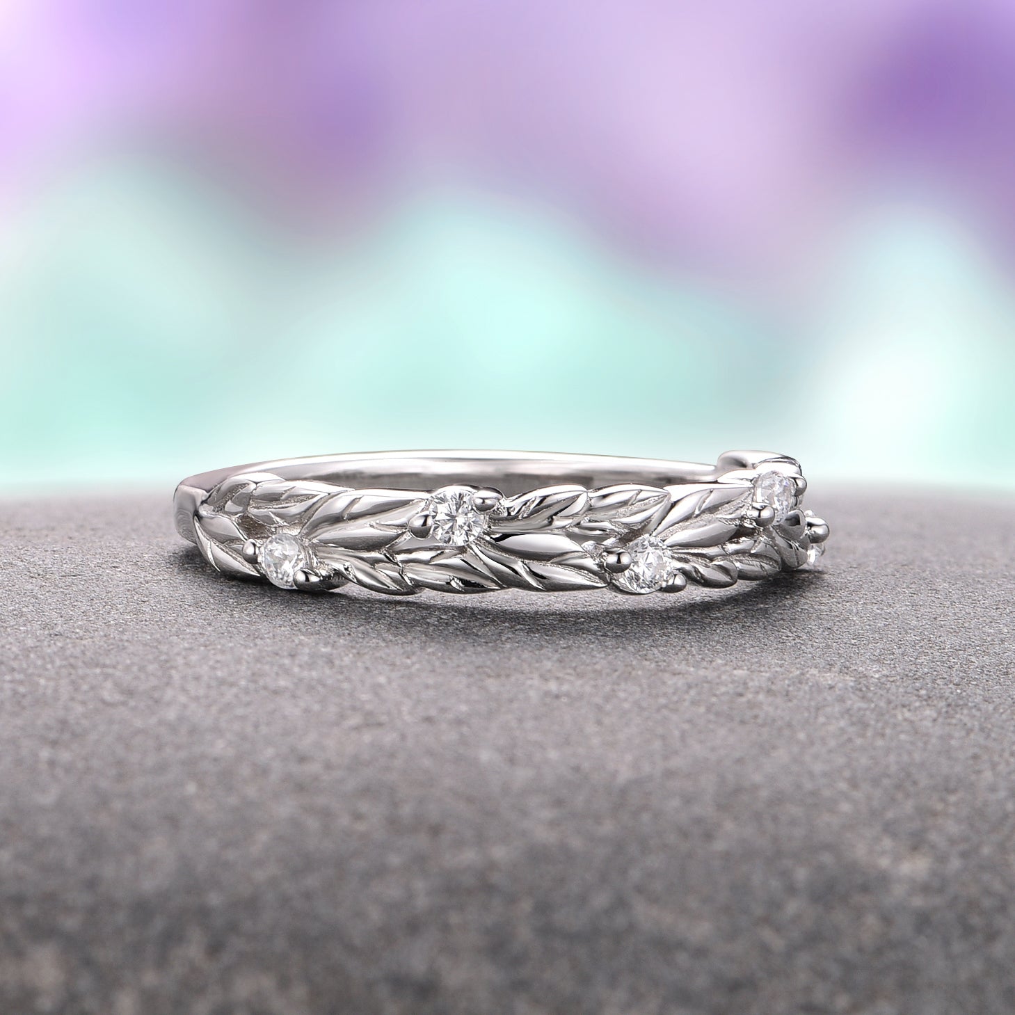 14K White Gold Moissanite or Natural Diamond Leaf Wedding Band – Perfect for Engagement, Anniversary & Bridal Jewelry Gifts