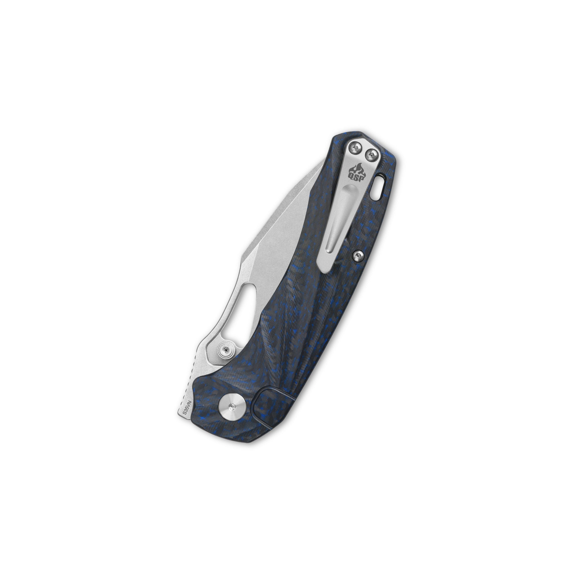 QSP Hornbill Pocket Knife - S35VN Steel Blade, Blue Carbon Fiber Handle - EDC, Camping, Hiking & Outdoor Survival Tool