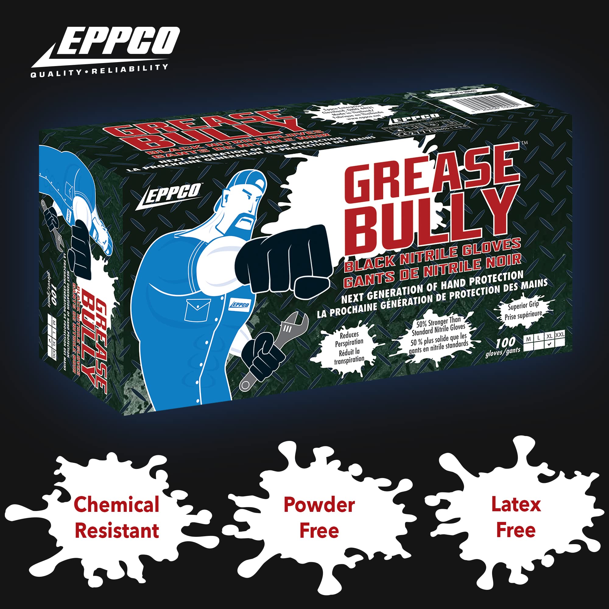 EPPCO Grease Bully 6-Mil Black Nitrile Gloves - Disposable, Powder-Free & Latex-Free with Textured Grip - Heavy Duty Work Gloves for Mechanics, Automotive Repair, Food Handling & Industrial Use