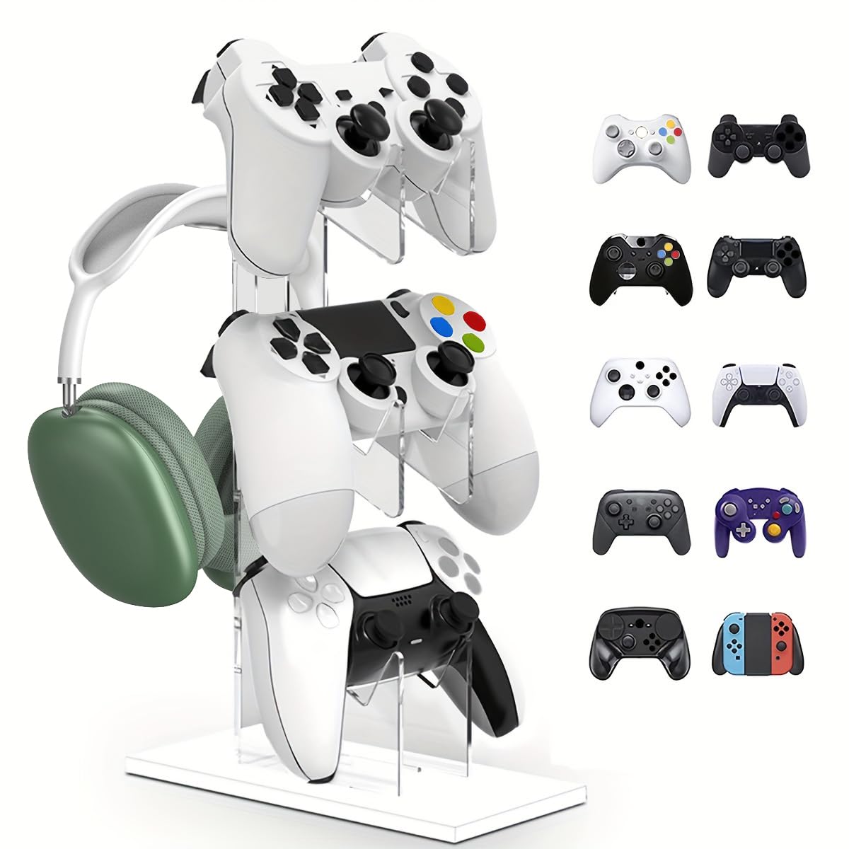 3-Tier Universal Controller Stand for Xbox Series X, One, 360, PS5, PS4, Switch & PC - White Gaming Headset & Gamepad Holder - Perfect for Organized Gaming Setup & Display