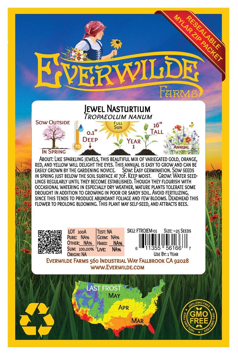 25 Jewel Mix Dwarf Nasturtium Wildflower Seeds - Non-GMO, Heirloom Variety - Perfect for Garden Borders, Containers & Edible Landscaping - Gold Vault Seed Packet by Everwilde Farms