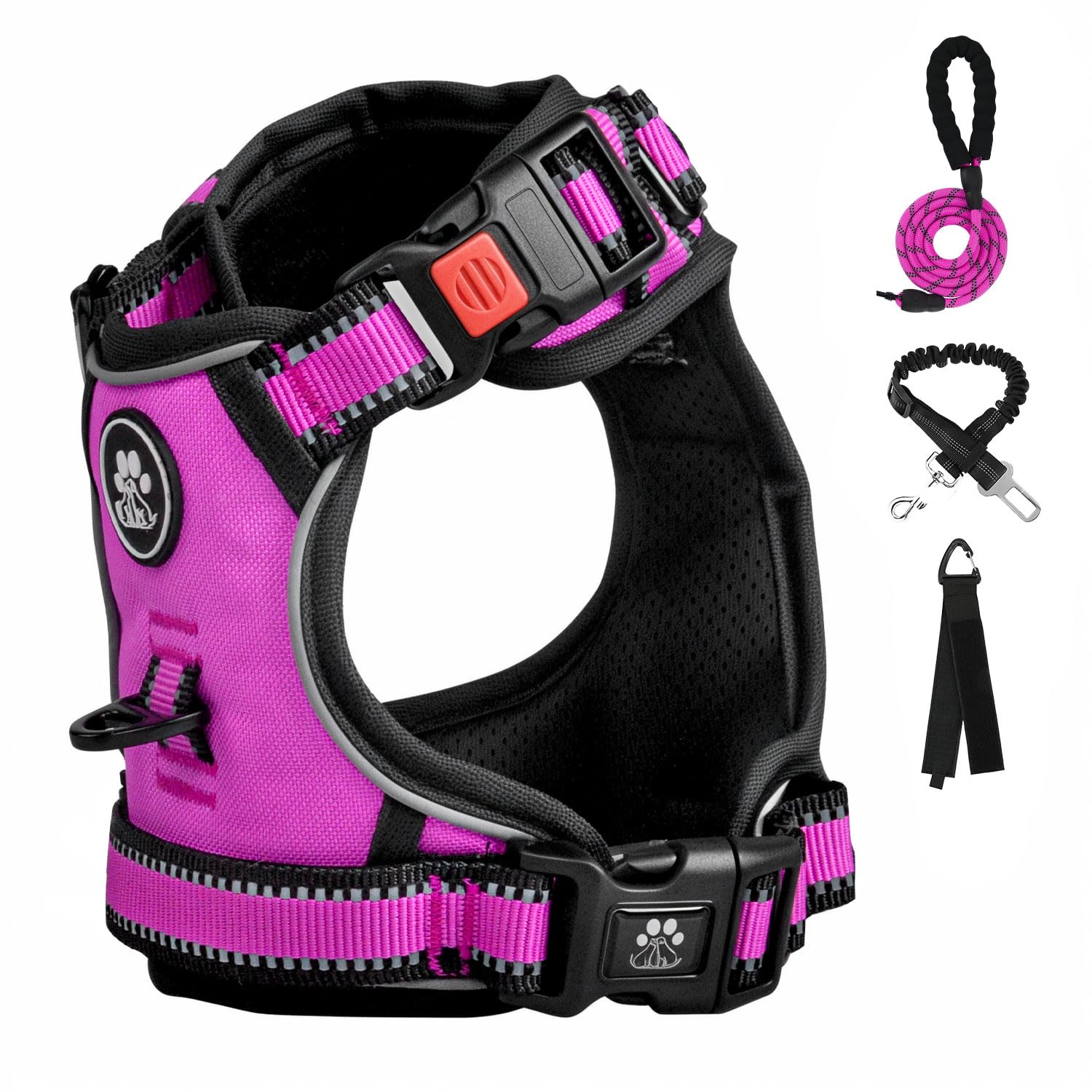 FURRYFECTION No Pull Dog Harness with Reflective Oxford Fabric - Adjustable Padded Vest Harness for Small, Medium & Large Dogs - 4 Straps & 2 Leash Clips - Rose Color XL - Perfect for Walking, Running & Outdoor Adventures