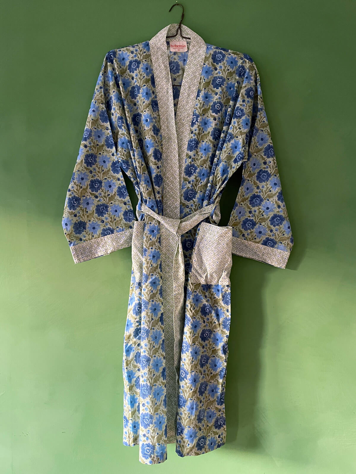 Handmade Block Print Cotton Robe for Women - Soft Sage Green Loungewear for Spa, Yoga & Relaxation at Home