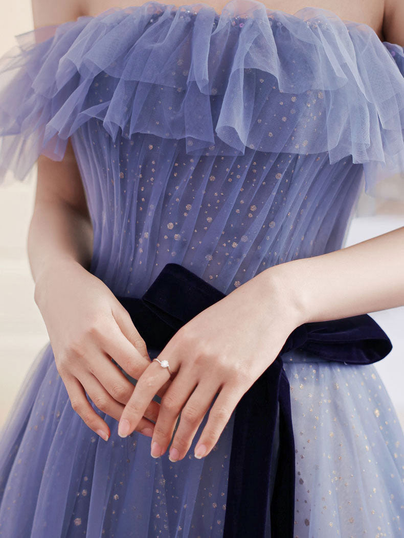 Elegant Purple A-Line Tulle Long Prom Dress - Off Shoulder Formal Gown for Graduation, Homecoming & Special Occasions