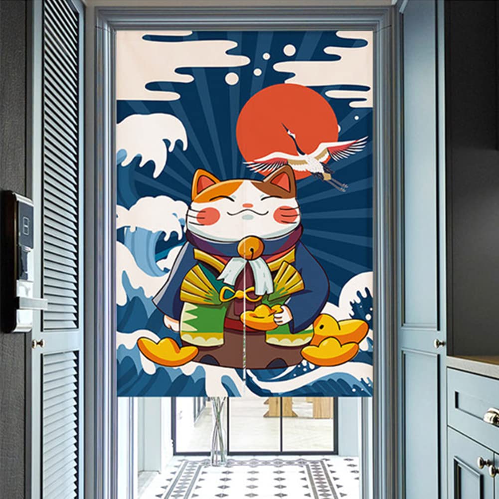 Japanese Noren Door Curtain with Maneki Neko Lucky Cat & Ukiyoe Design - 33 x 35 Inch Traditional Room Divider for Kitchen, Entryway & Home Decor | Perfect for Asian-Themed Interiors, Restaurants & Zen Spaces