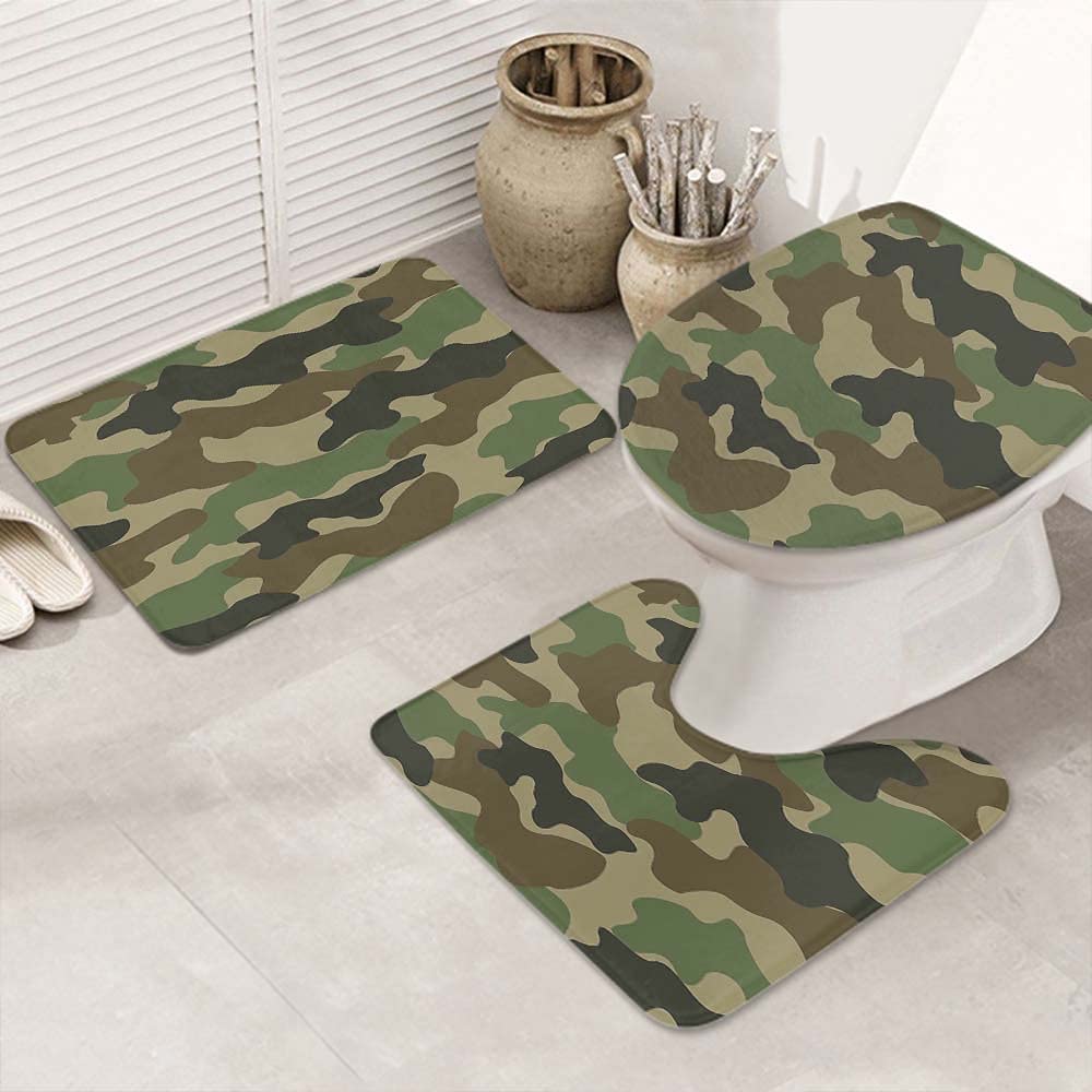 HOSNYE Army Camouflage 3-Piece Bathroom Rug Set - Non-Slip Hunting Camo Green Bath Mats with U-Shaped Contour Rug & Toilet Lid Cover - Perfect for Hunting Cabins, Man Caves, and Outdoor Enthusiast Bathrooms