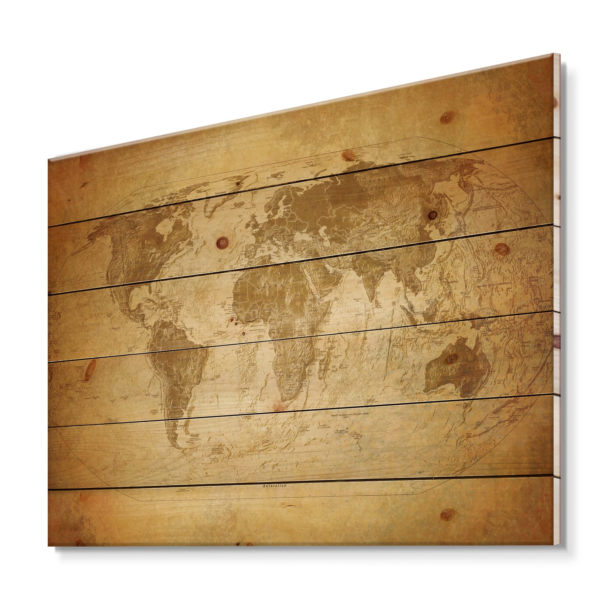 Vintage World Map Wall Art - Large Wooden Wall Decor Printed on Natural Pine, Antique Beige Wood Wall Panels - Perfect for Home, Office & Library Decor