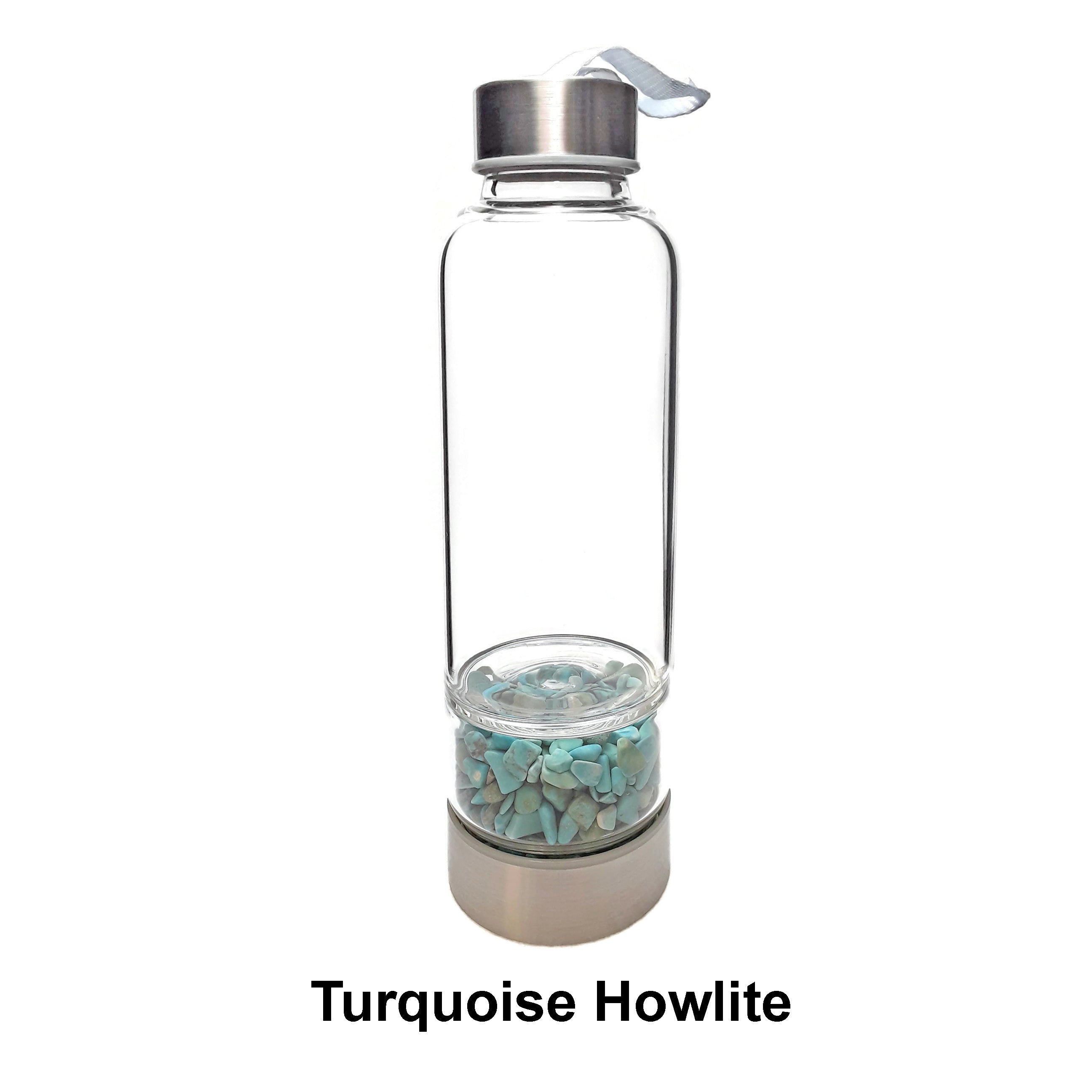 Healing Crystal Infused Glass Water Bottle with Gemstone Chips - Labradorite, Jasper, Rose Quartz, Black Tourmaline & Turquoise | 9