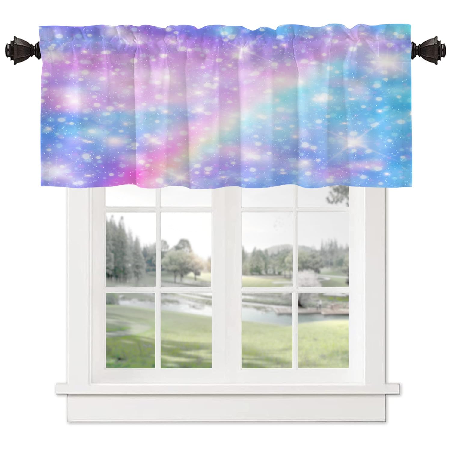Pastel Rainbow Unicorn & Glitter Stars Kitchen Valance - Galaxy Fantasy Window Curtain for Kitchen Decor, 52x18 Inch - Perfect for Kids' Room, Nursery, or Whimsical Kitchen Design