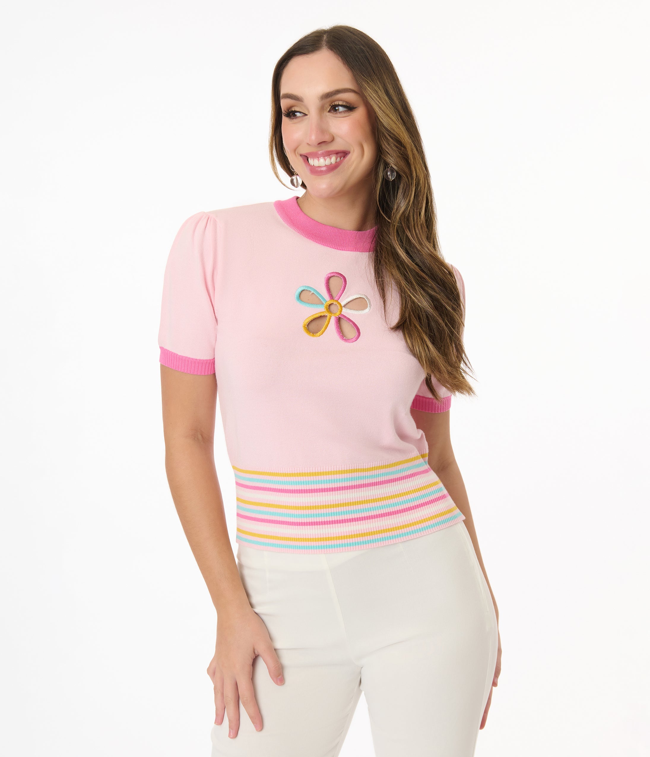 Smak Parlour Women's Pink & Rainbow Floral Cutout Sweater - Stylish Knit Pullover for Casual Outings, Date Nights & Fall Fashion