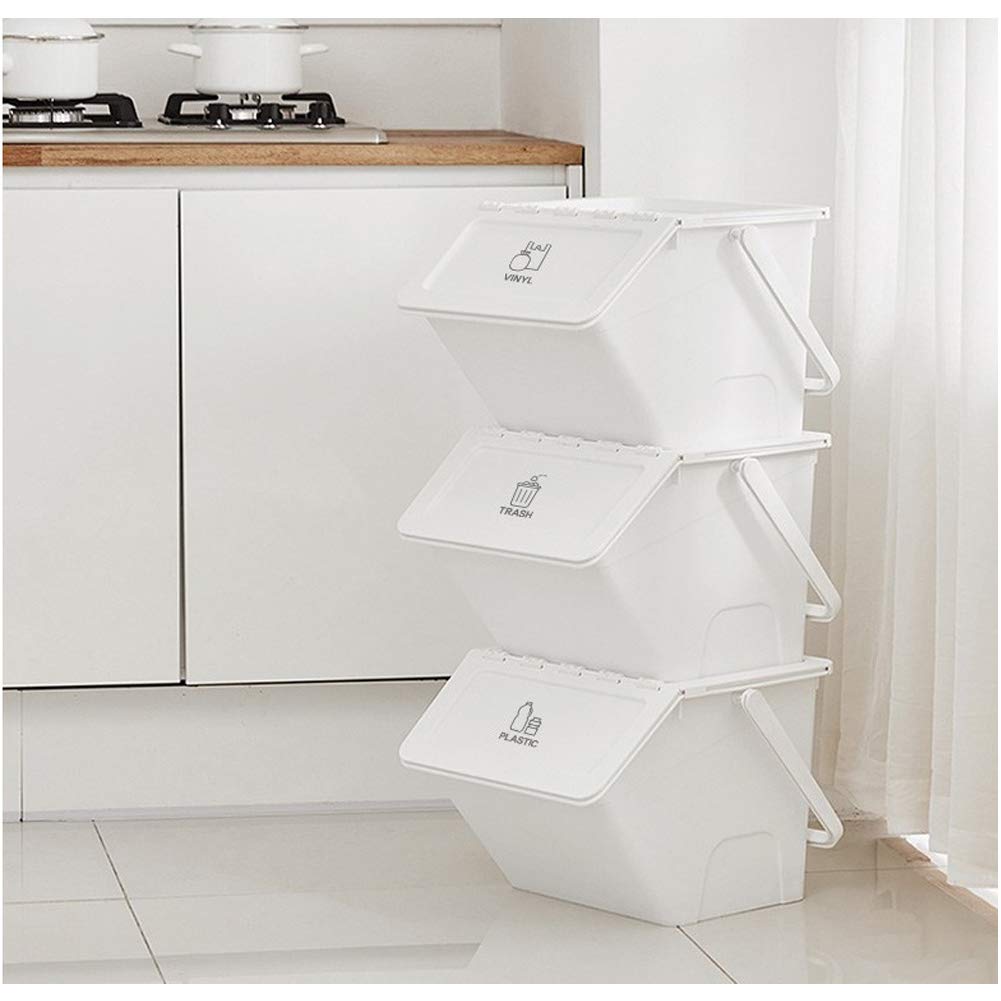 Stackable Recycling Bins with Lids & Handles - 3-Pack White Organizer Bins for Home, Office, or Classroom - Perfect for Toys, Tools & Waste Sorting - Includes Recycle Stickers for Easy Labeling