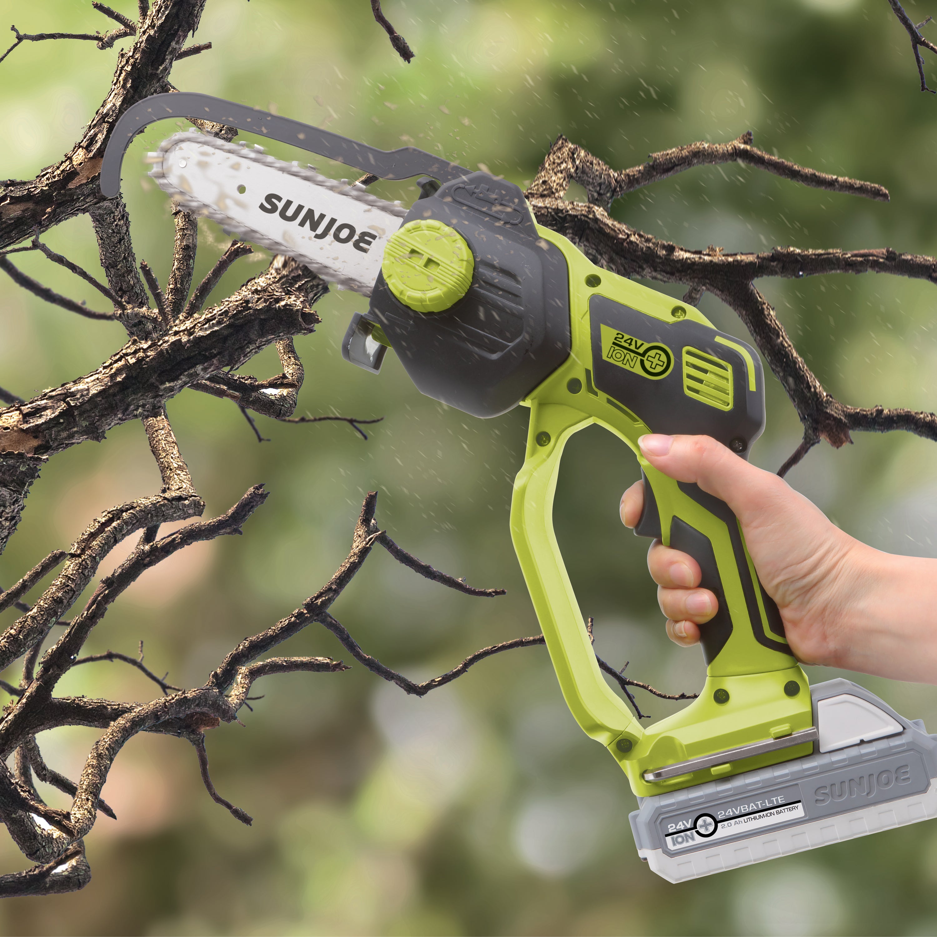 Sun Joe 24V Cordless Handheld Chainsaw - 5 Inch Pruning Saw with 2.0Ah Battery & Charger | Lightweight Lithium-Ion Power Tool for Tree Trimming, Yard Cleanup & DIY Projects