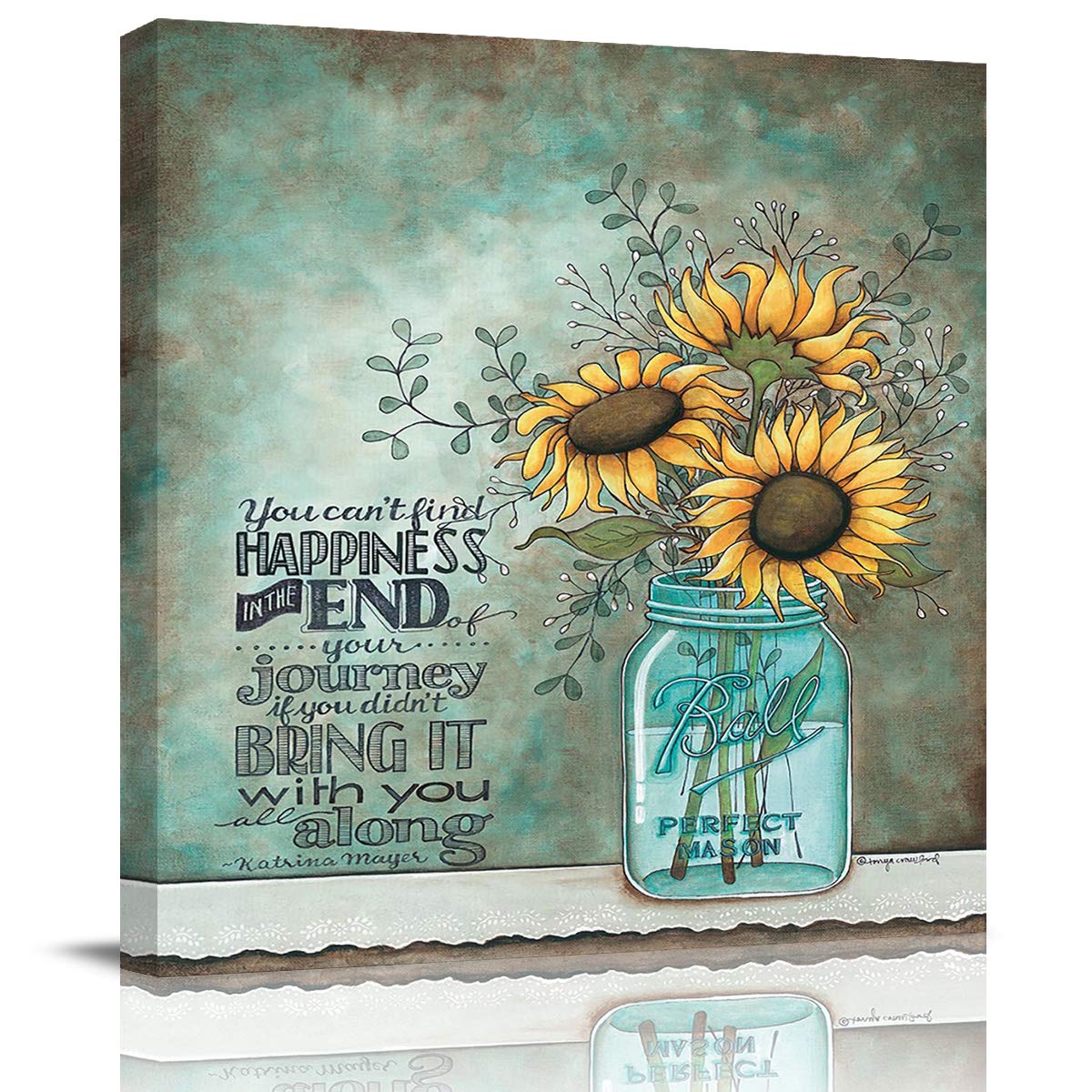 28x28 Inch Canvas Wall Art - Sunflower Painting in Ball Mason Jars for Living Room & Office Decor | Ready to Hang Home Decoration | Perfect for Farmhouse, Rustic & Vintage Style Interiors