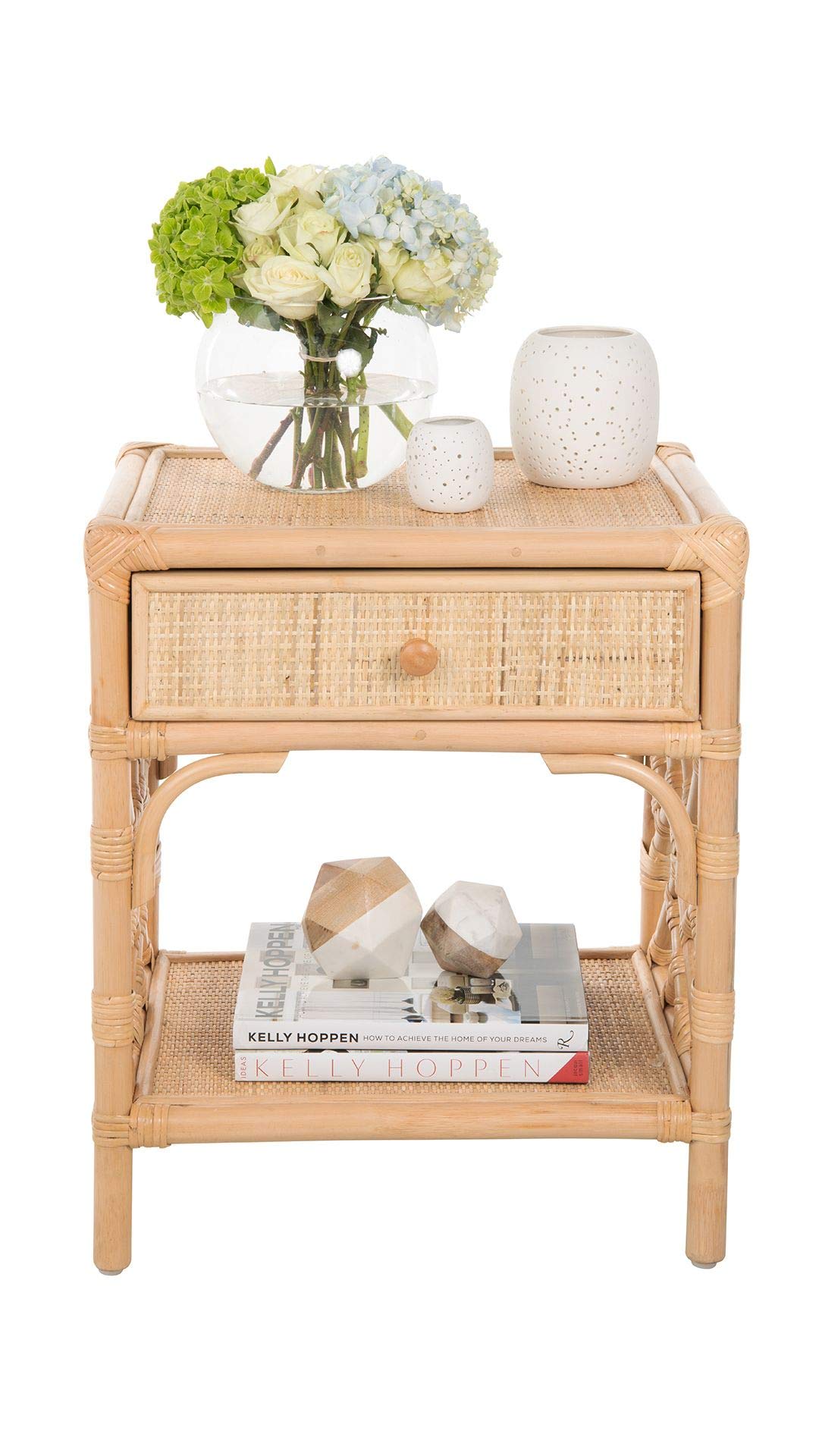 Kouboo Rattan Nightstand with Drawer - Chippendale Design Bedside Table for Bedroom & Living Room | Boho Mid-Century Modern Accent Table with Storage, Light Brown - Perfect for Small Spaces, Guest Rooms & Cozy Home Decor