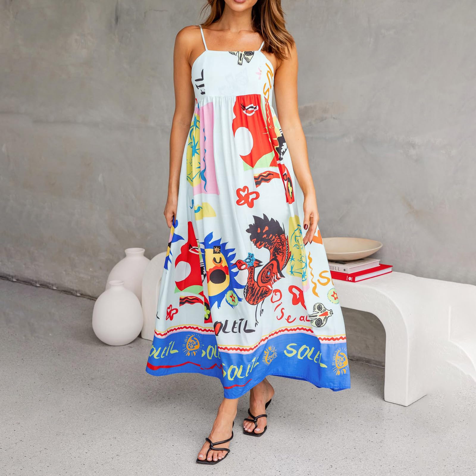 Women's Floral Graffiti Graphic Spaghetti Strap Boho Maxi Dress - Y2K Style Flowy Beach Holiday Sun Dress for Summer Vacations, Music Festivals & Boho Chic Outfits