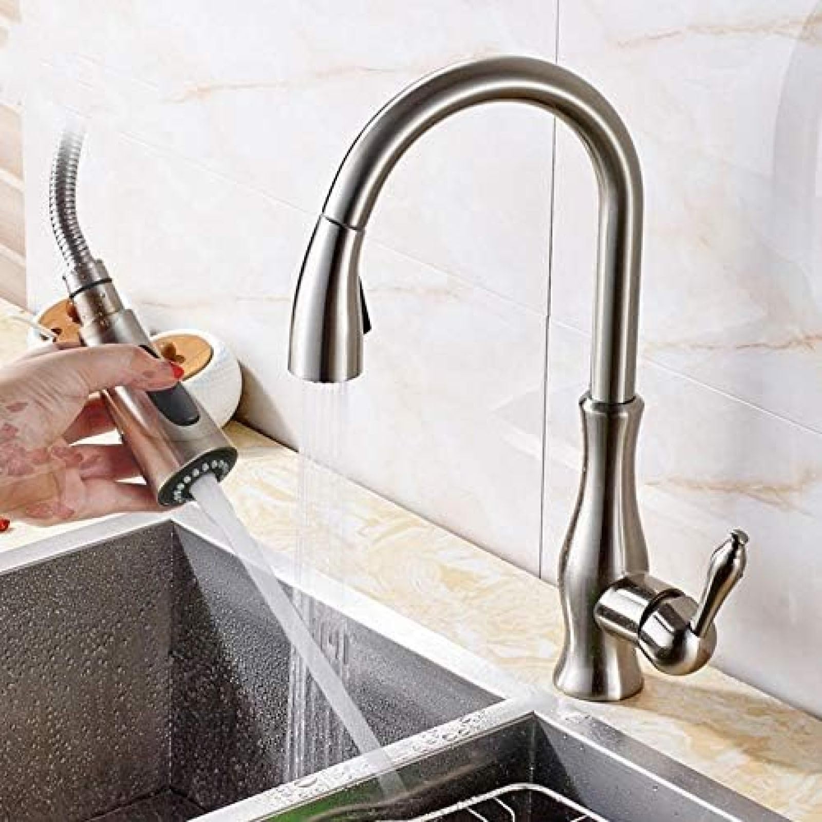 CRJUS Brushed Nickel Pull Out Kitchen Faucet - Single Handle High Arc Mixer Tap with Stream Sprayer for Hot & Cold Water - Perfect for Modern Kitchen and Bathroom Sinks