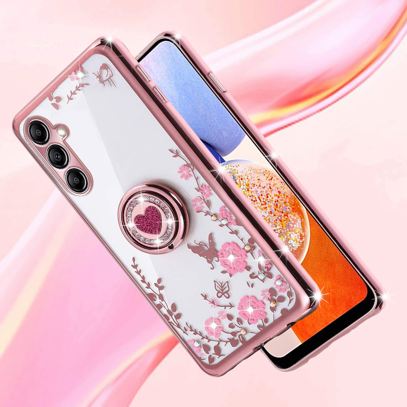Samsung Galaxy A14 5G Case - Glitter Crystal Butterfly Heart Floral Slim TPU Protective Cover with Ring Holder & Strap for Women (Rose Gold) | Cute Bling Phone Case for Everyday Use, Work & Travel