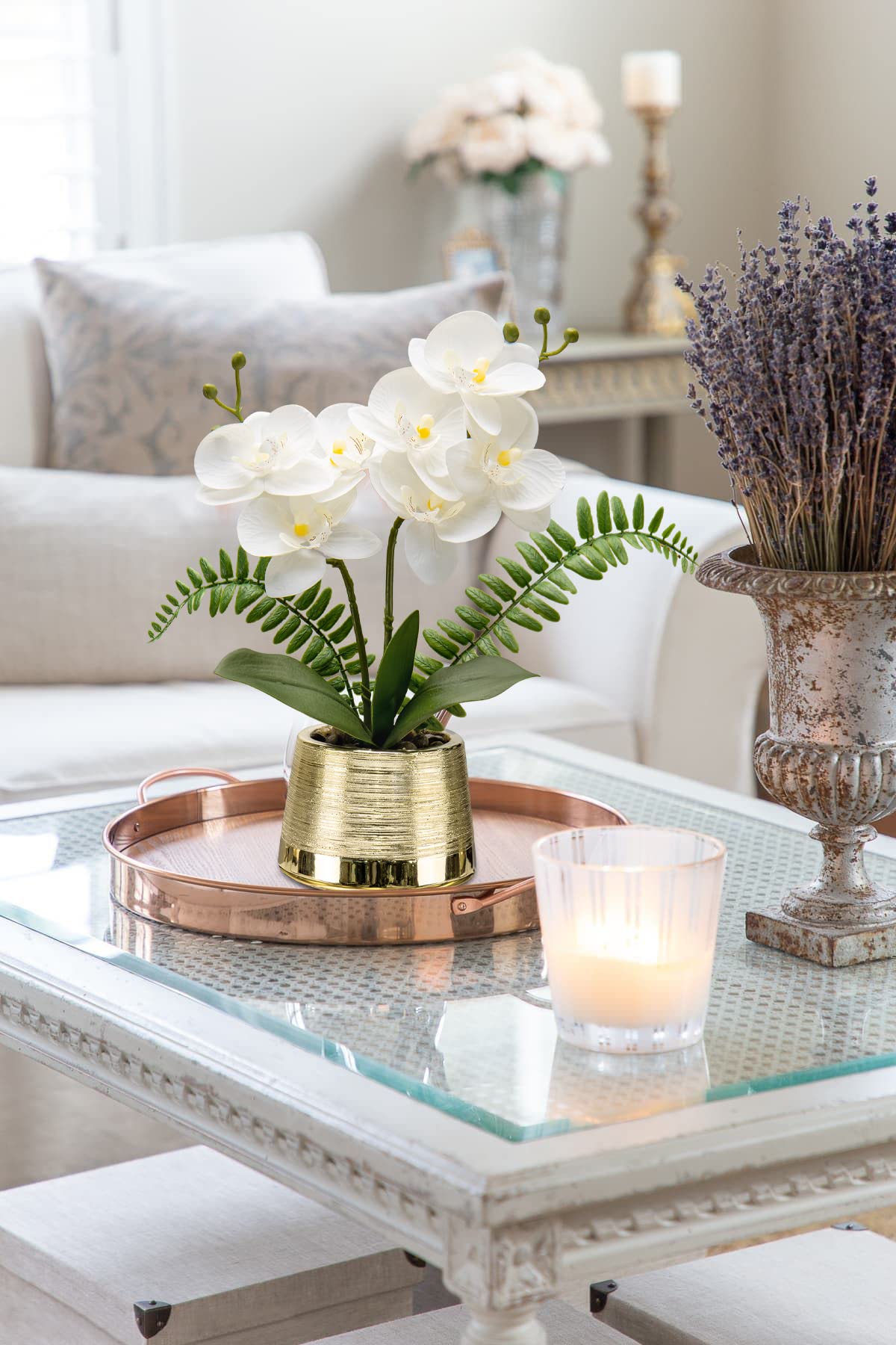 White Artificial Orchid Flowers in Gold Pot - Faux Phalaenopsis Orchid Bonsai - Elegant Fake Orchid Centerpiece for Dining Table, Wedding Decor, Home & Office Decoration