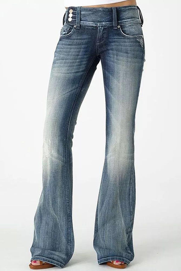 Vintage High Waist Flared Jeans with Side Button Pockets - Retro 70s Style Denim Pants for Women, Perfect for Casual Outings & Boho Fashion Looks
