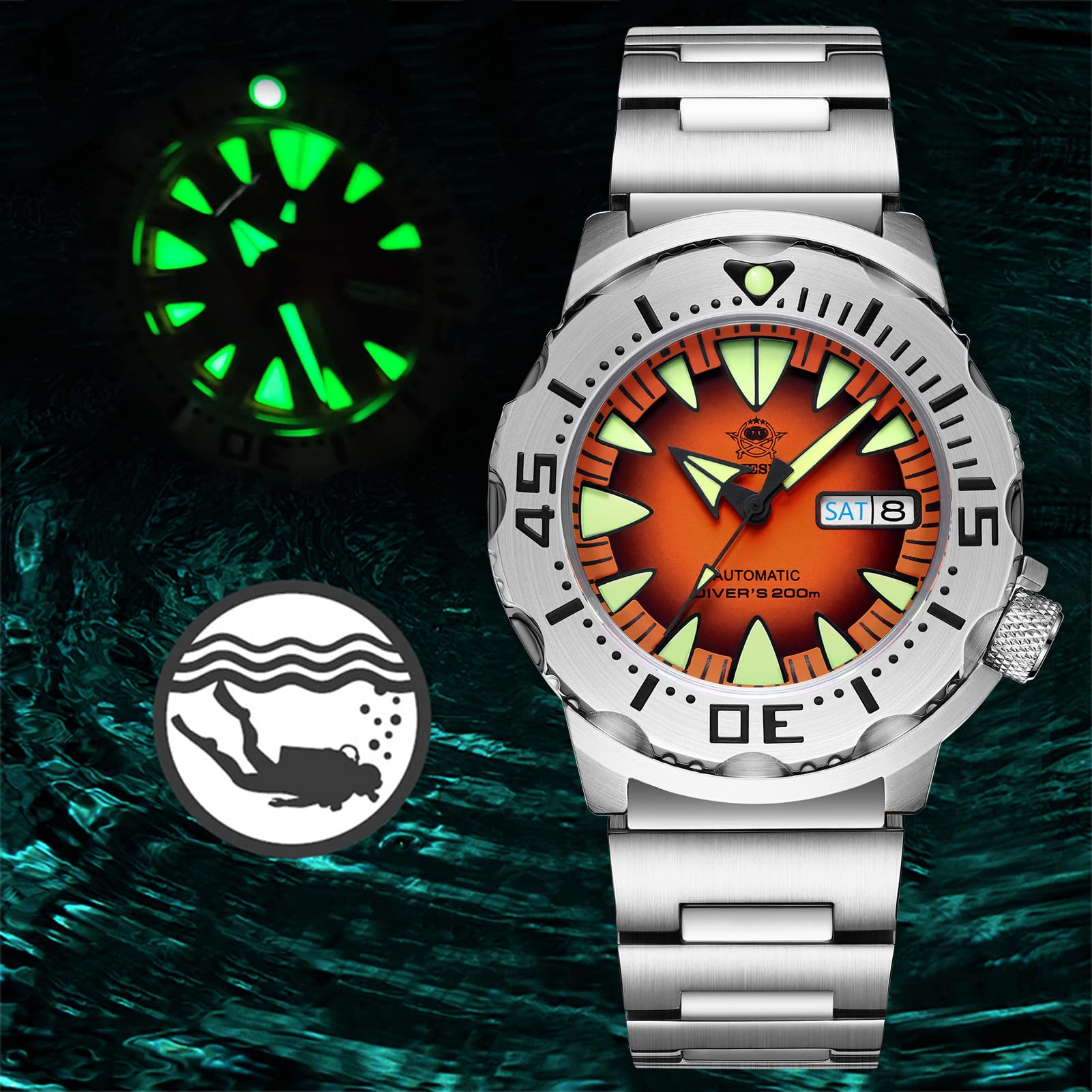 ADDIESDIVE Men's Automatic Diver Watch - 200M Water Resistant, Stainless Steel Case, Synthetic Sapphire Crystal - Perfect for Swimming, Diving & Everyday Wear