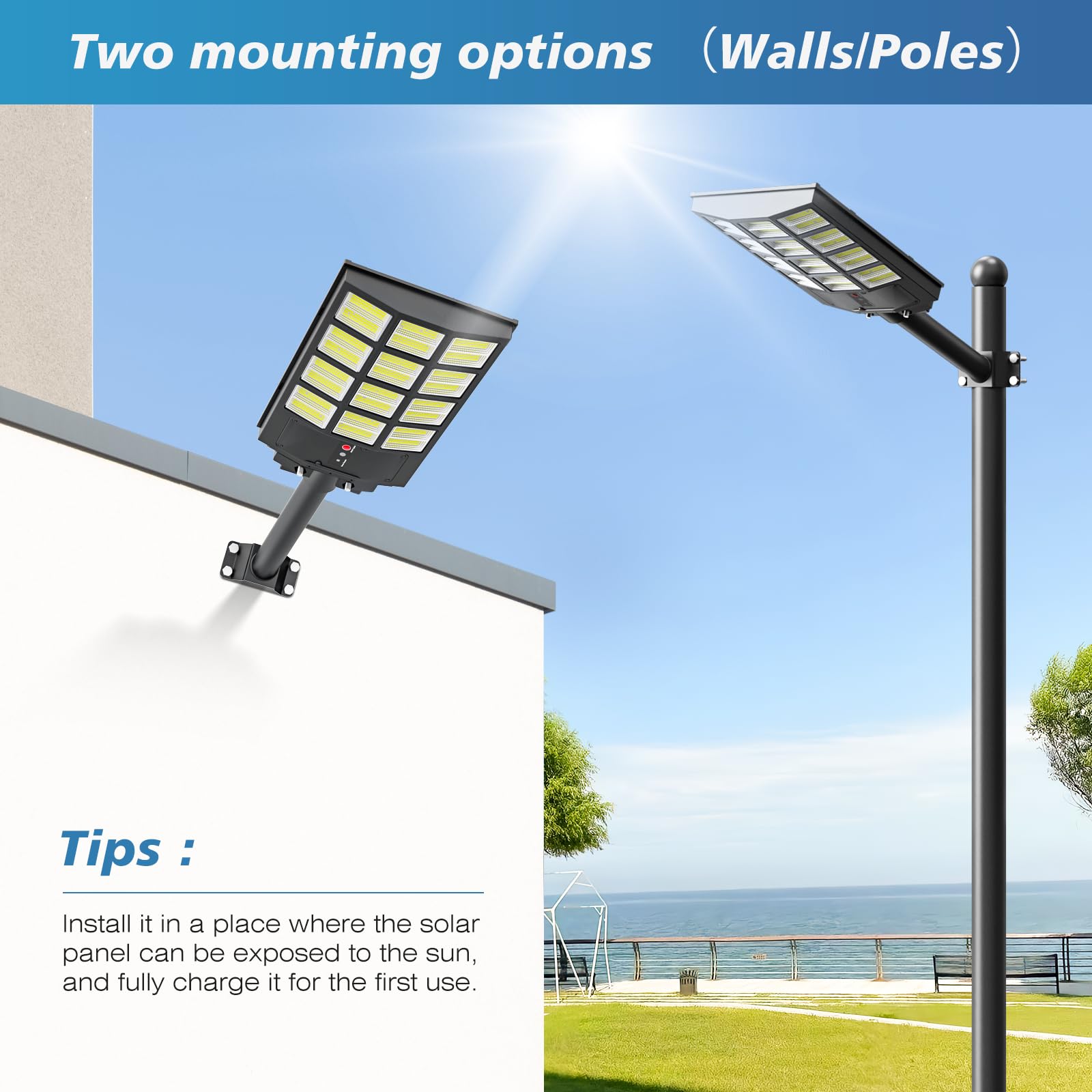 3000W Solar Street Lights Outdoor - 6500K Bright White Wide Angle Solar Powered Motion Sensor Lights, IP66 Waterproof Dusk to Dawn Flood Lights for Commercial Parking Lots, Yards, Pathways (2 Pack) - Ideal for Security Lighting, Garden Illumination and Driveway Lighting