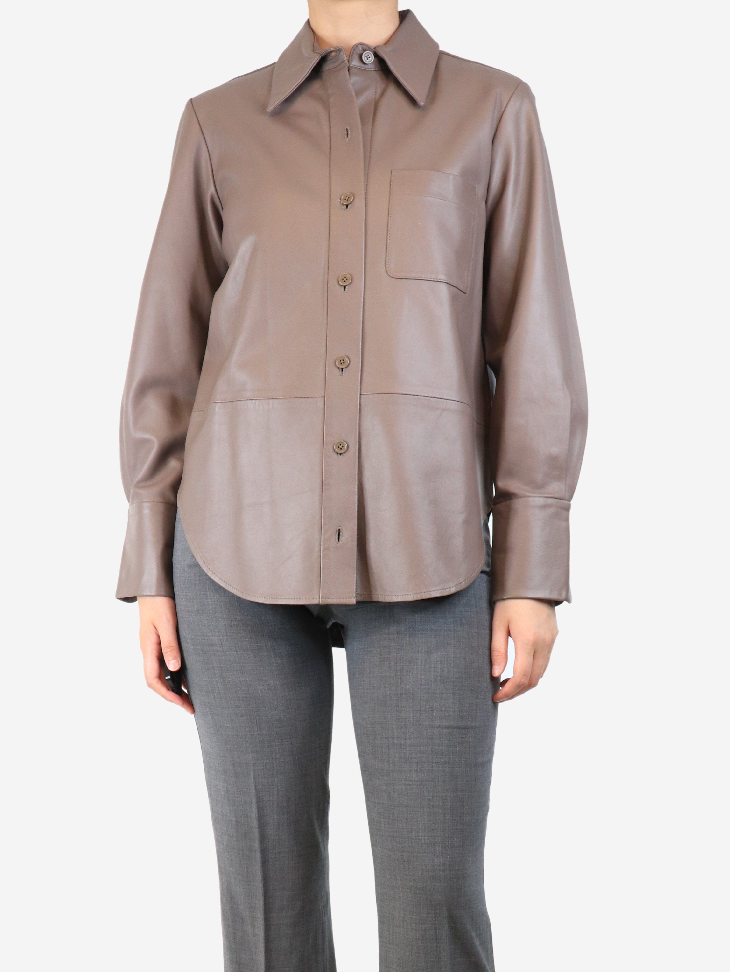 Brown Lambskin Leather Button-Up Shirt - Size S | Premium Soft Leather Top for Women | Casual & Office Wear