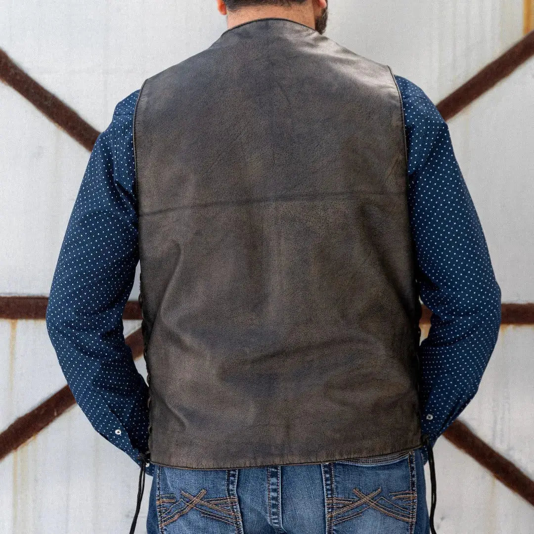 Open Road Men's Distressed Brown 10 Pocket Vest - Stylish Utility Vest for Outdoor Adventures, Hiking & Motorcycle Riding