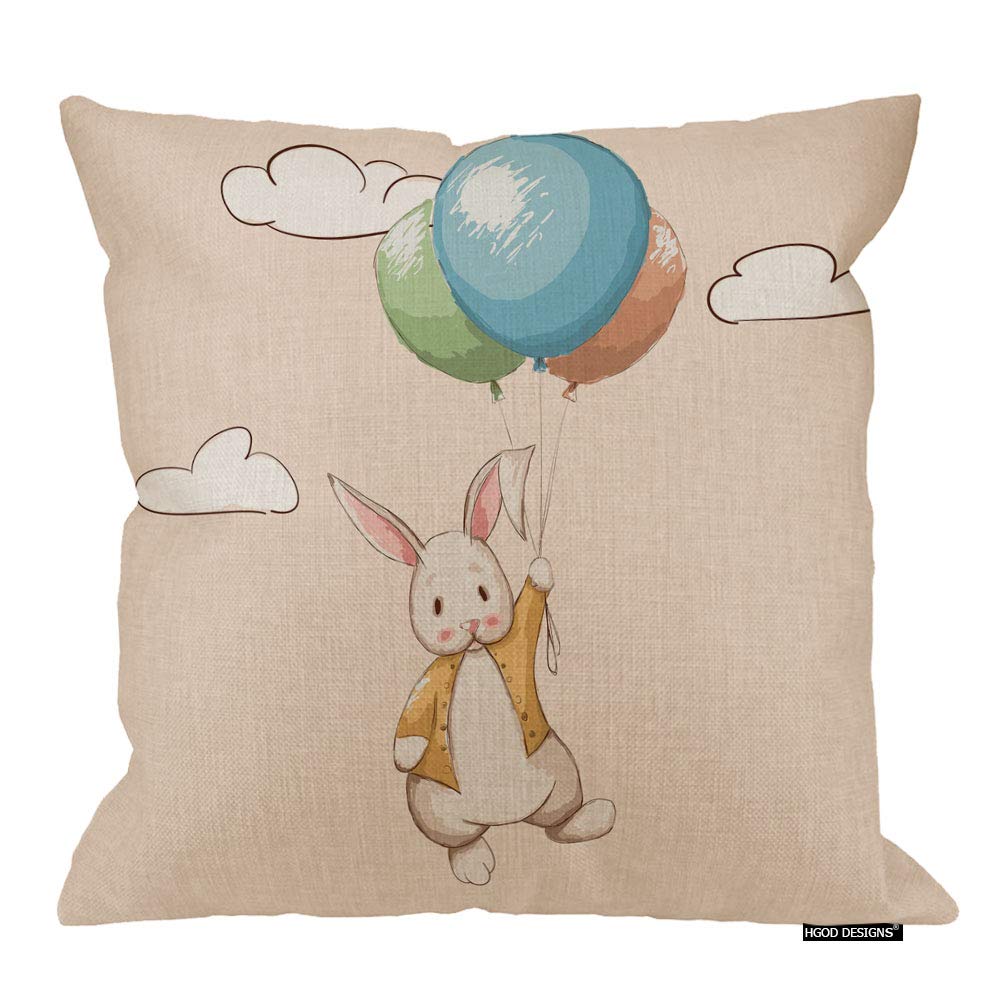 HGOD DESIGNS Rabbit Throw Pillow Covers 16x16 Inch - Cute Cartoon Bunny Flying with Balloons Home Decor for Sofa, Bed, Living Room | Perfect for Nursery, Kids Room & Cozy Gift Ideas