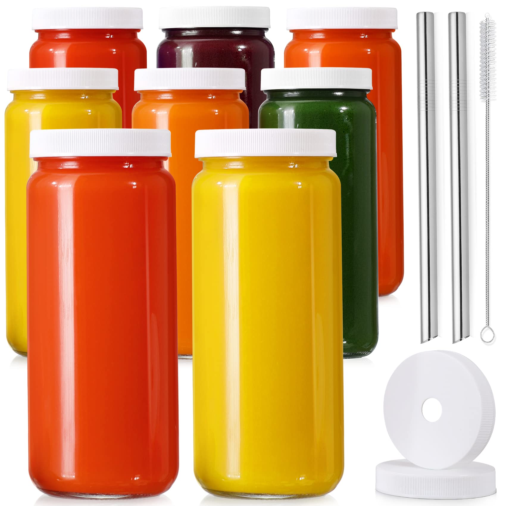 8 Pack 16oz Glass Juice Bottles with Airtight Lids - Reusable Drinking Jars with 2 Straws & 2 Hole Lids - Tall Mason Jars for Juice, Smoothies, Boba Tea, Kombucha - Perfect for Travel, Gym, Office & Homemade Beverages