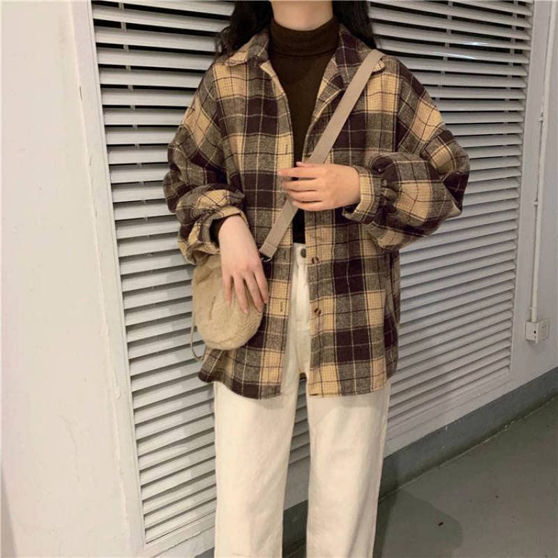 Harajuku Women's Cardigan - Retro Plaid Shirt for Spring & Autumn - Loose Korean Fashion Top for Casual Wear, Office & Street Style