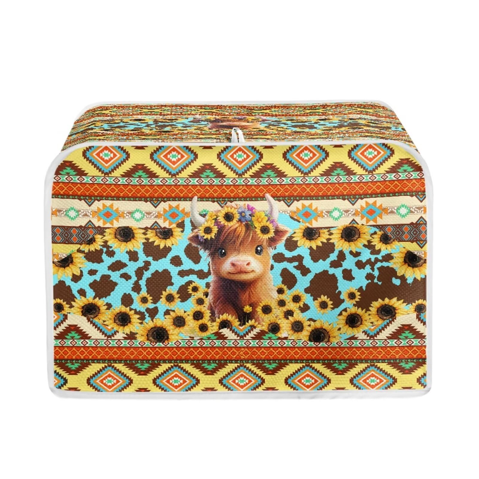 Aztec Sunflower Printed Toaster Oven Cover | Highland Cattle Design | Fits Most 2-Slice Toasters & Bread Makers | Heat-Resistant Kitchen Appliance Protector for Countertop Safety & Style